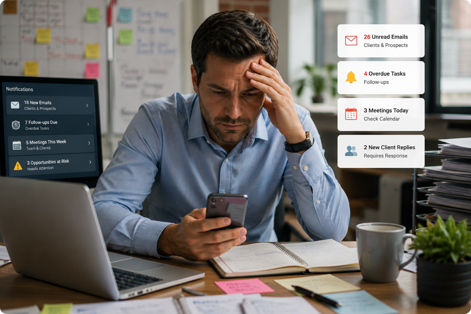 Man in a blue shirt sitting at a cluttered desk, looking stressed while holding a smartphone, with notifications displayed for emails, tasks, meetings, and client replies