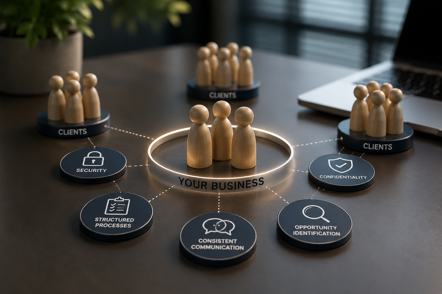 Wooden figurines arranged around a circular sign with the words "Your Business" in the center. Additional circles connected around it contain icons and words: Security, Structured Processes, Consistent Communication, Opportunity Identification, Confidentiality, and Clients. The scene appears to depict a business strategy or organizational diagram on a dark table, with a laptop and a potted plant in the background.