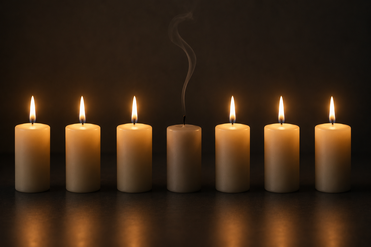 Seven white candles on a dark surface, with one in the middle burning with a faint trail of smoke after being extinguished.