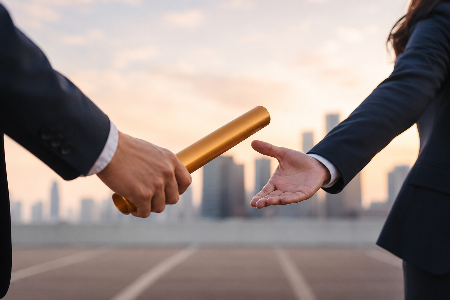 A person in a suit hands over a gold baton to another person in a suit, against a city skyline at sunset.