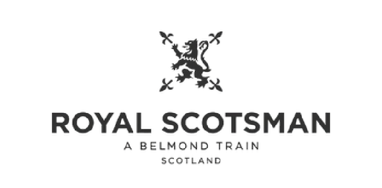 Royal Scotsman logo with a lion emblem and text indicating it is a Belmond train in Scotland.