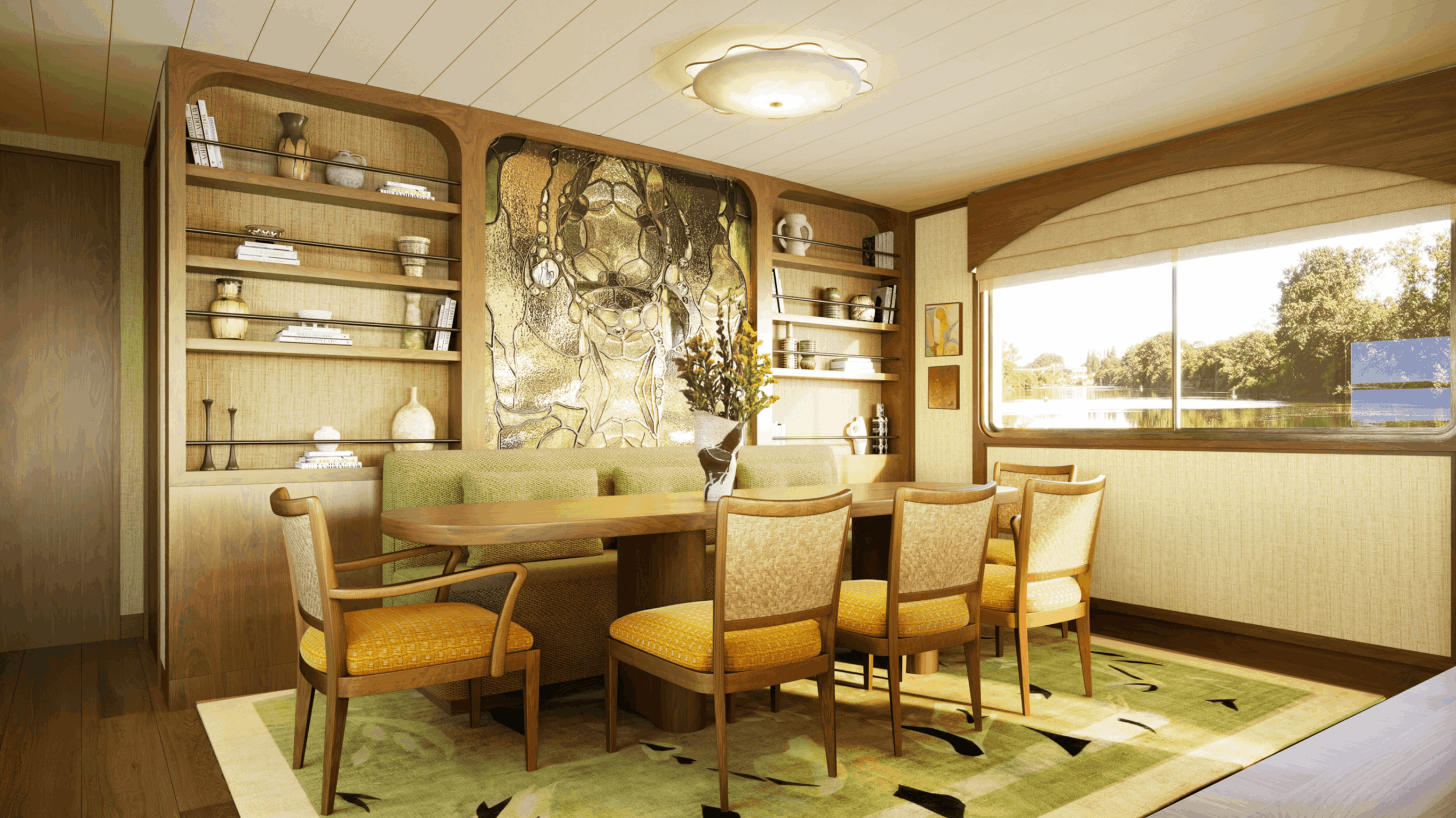 Living room with wooden bookshelves, a large window overlooking a river, a dining table with yellow upholstered chairs, and natural sunlight.