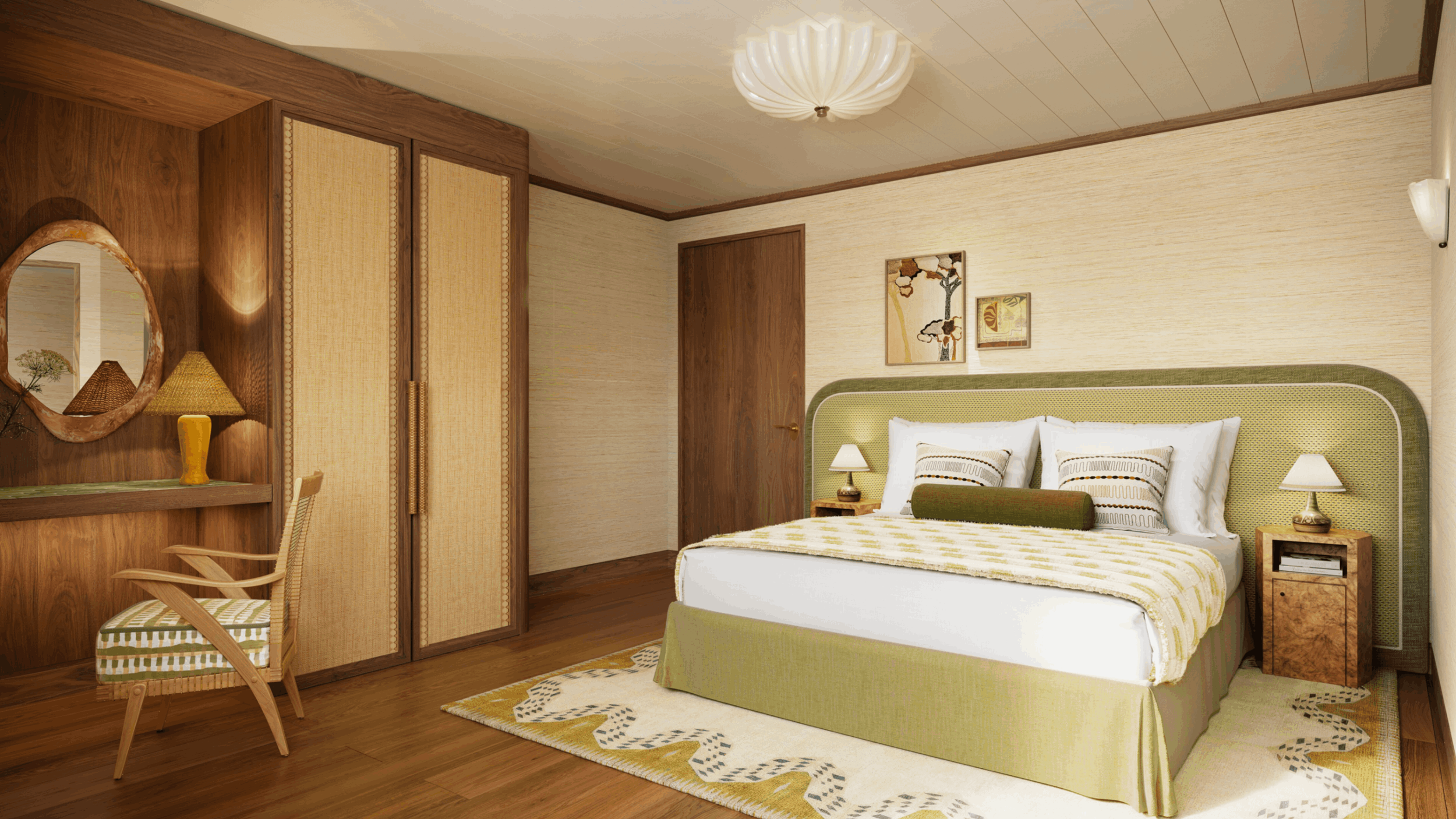 Bedroom with a green upholstered bed, wooden nightstands with lamps, artwork on the wall, a wooden wardrobe with woven doors, a mirror and a yellow lamp on a wooden dresser, wooden flooring, and a white ceiling light fixture.