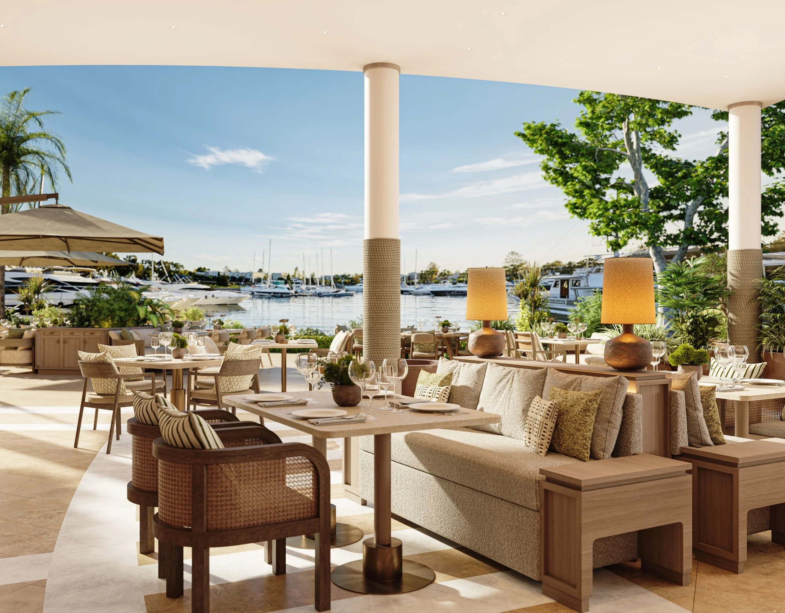 A luxurious outdoor dining area overlooking a marina with boats, featuring beige chairs, tables set with wine glasses, large beige umbrellas, lush green plants, and large lamps, under a modern white curved roof supported by pillars.
