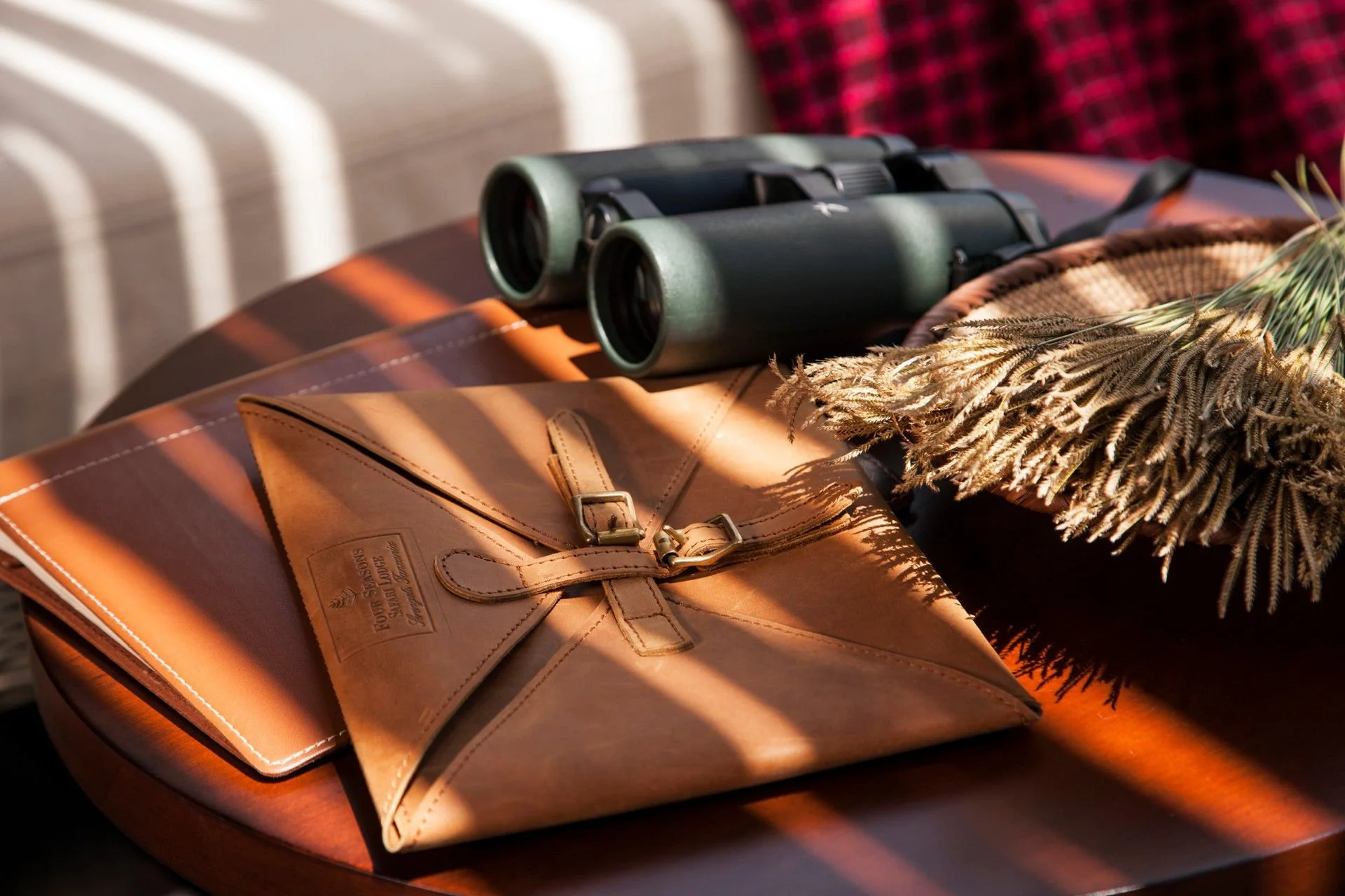 A pair of green binoculars, a brown leather satchel or briefcase, and some wheat stalks on a wooden surface, with sunlight casting shadows.