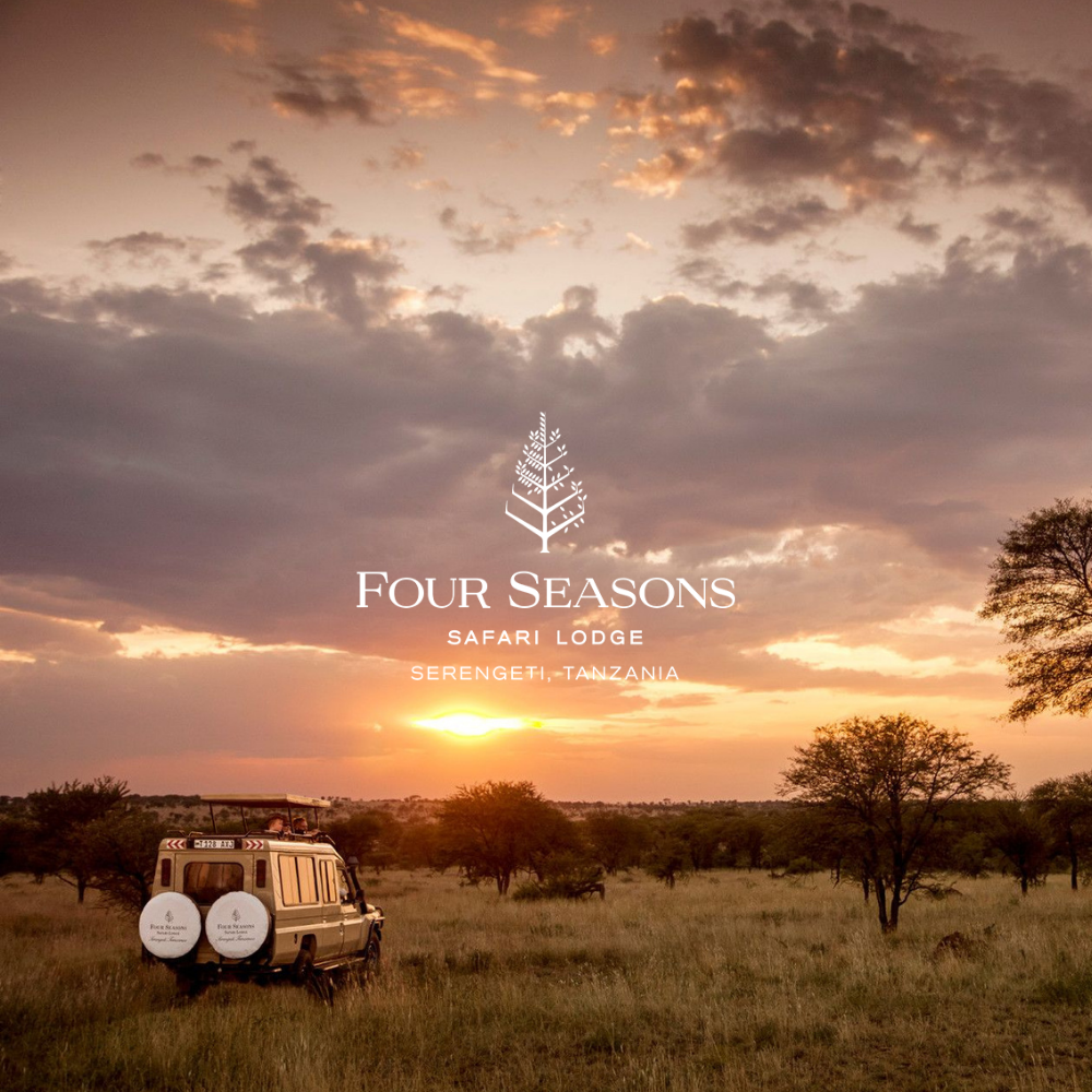 Sunset over the savannah with sparse trees and a safari vehicle in Serengeti, Tanzania, promoting Four Seasons Safari Lodge.