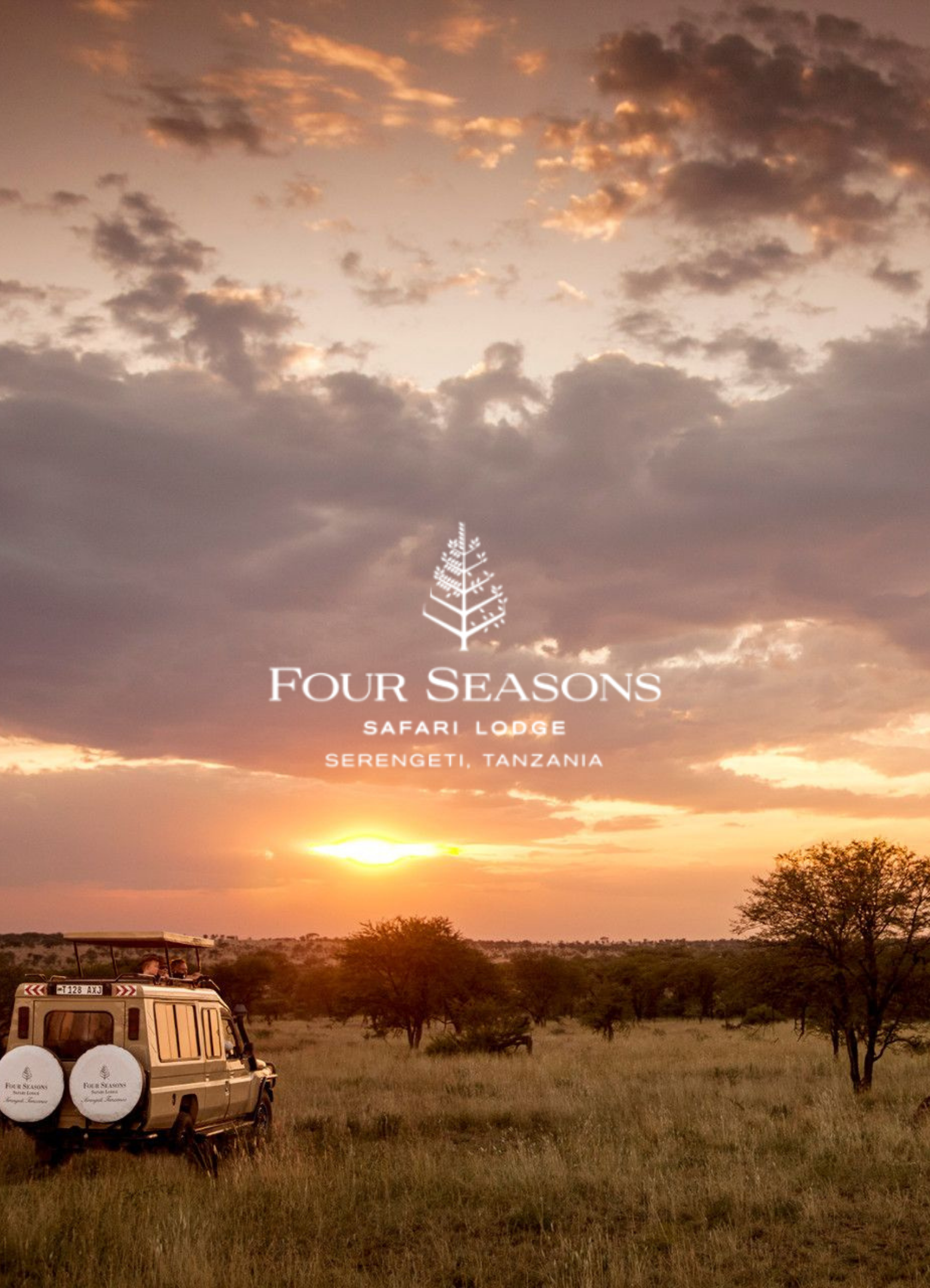 Sunset over a safari with a vehicle and trees in Serengeti, Tanzania, promotional text for Four Seasons Safari Lodge.