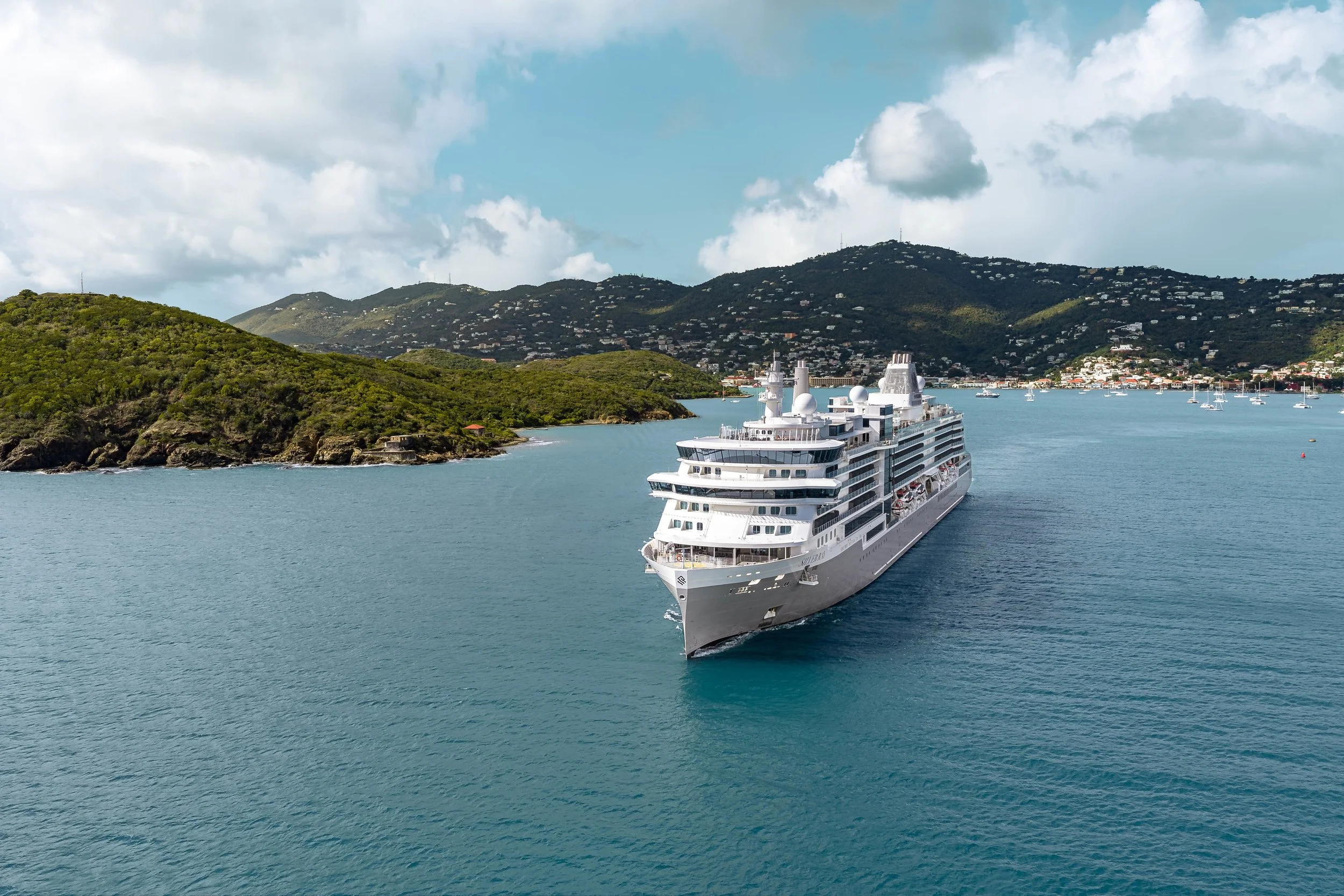 A large white cruise ship sailing through a bay with green hills and a small town in the background, under a partly cloudy sky.