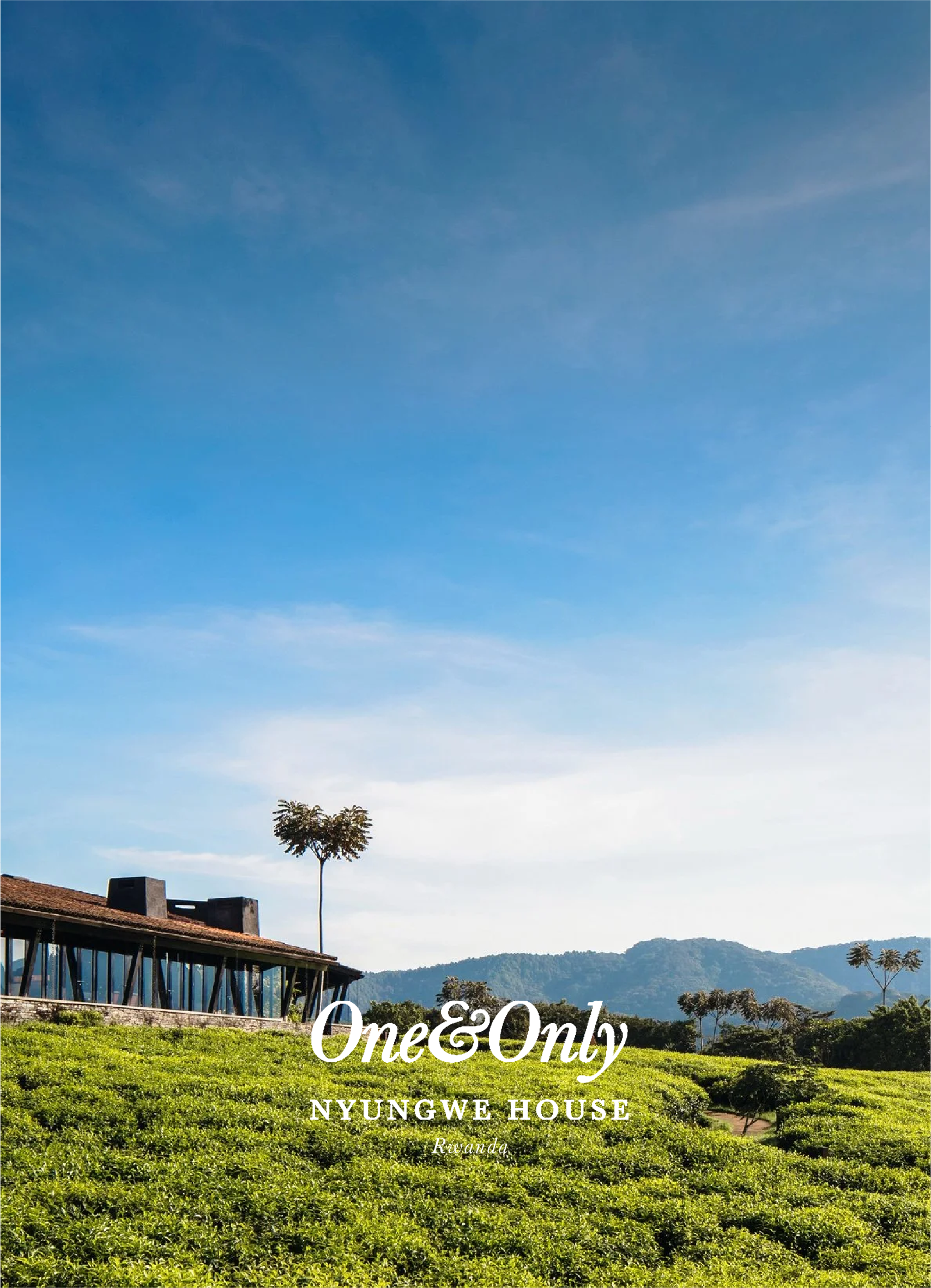 Cover photo of Nyungwe House in Rwanda, showing a scenic landscape with rolling green tea plantations, a modern building with large glass windows, a lone tree in the foreground, mountains in the distance, and a partly cloudy blue sky.