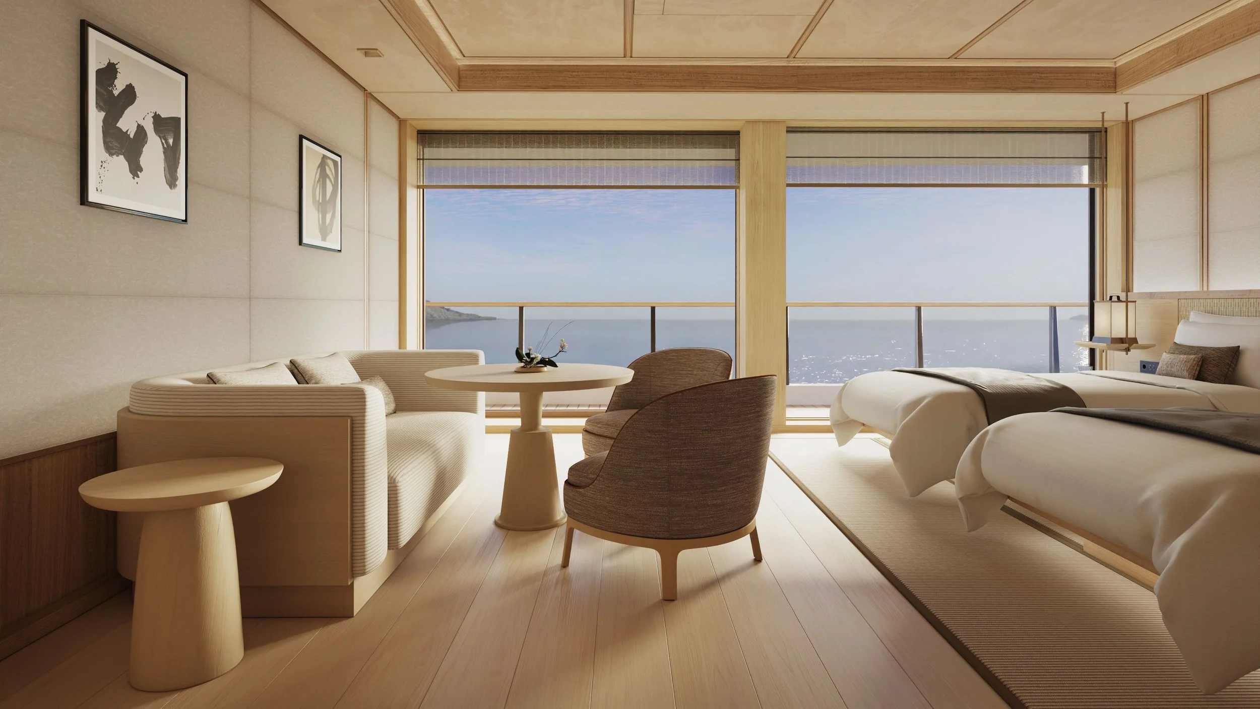 A modern hotel room with two beds, a sitting area with a round table, and a large window with an ocean view.