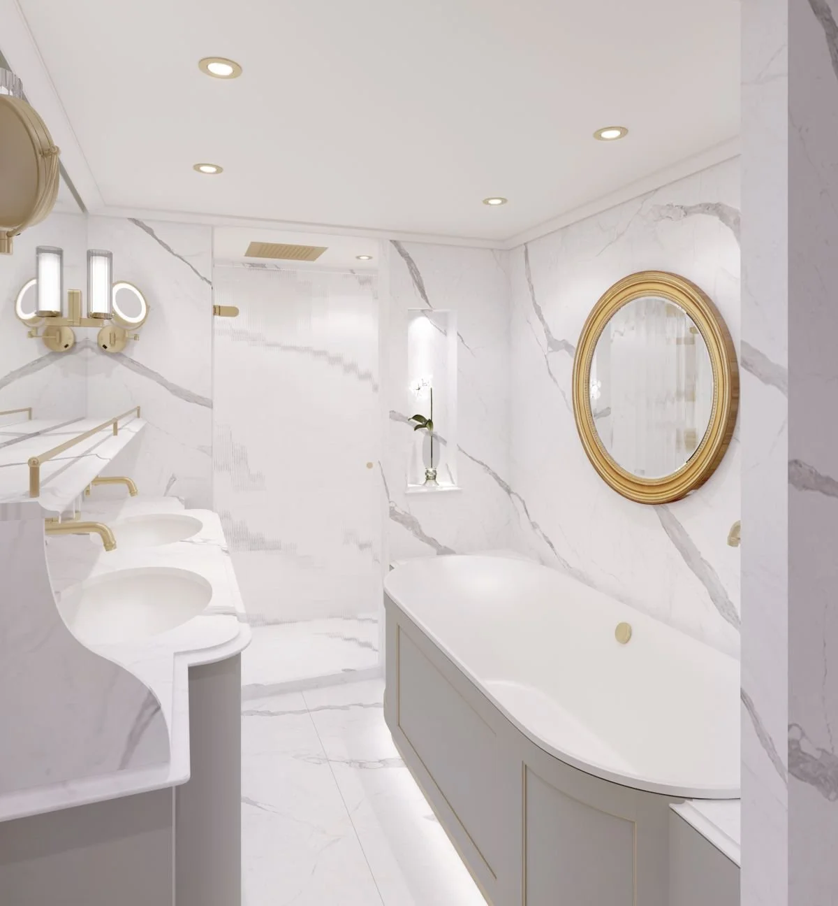 A luxurious bathroom with white marble walls and floors with gray veining, a white bathtub with gold accents, a large round gold-framed mirror, a small potted orchid on a window ledge, and modern double sinks with gold fixtures.