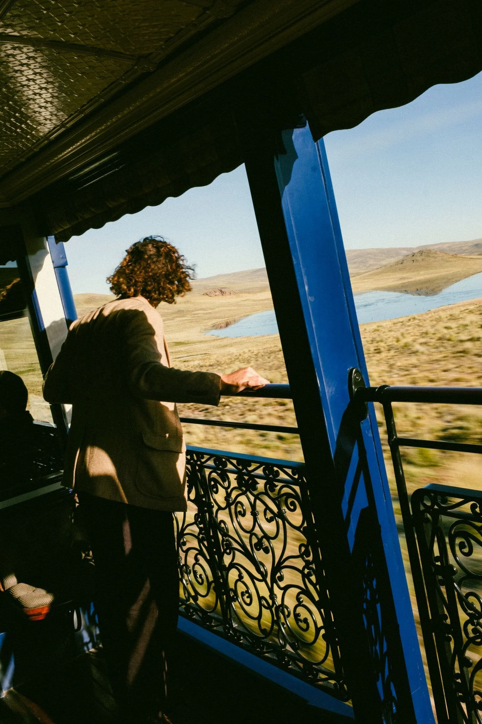 A woman with curly hair leaning on the railing of a boat or train as it moves through a landscape of grassland, water, and hills under a clear blue sky.