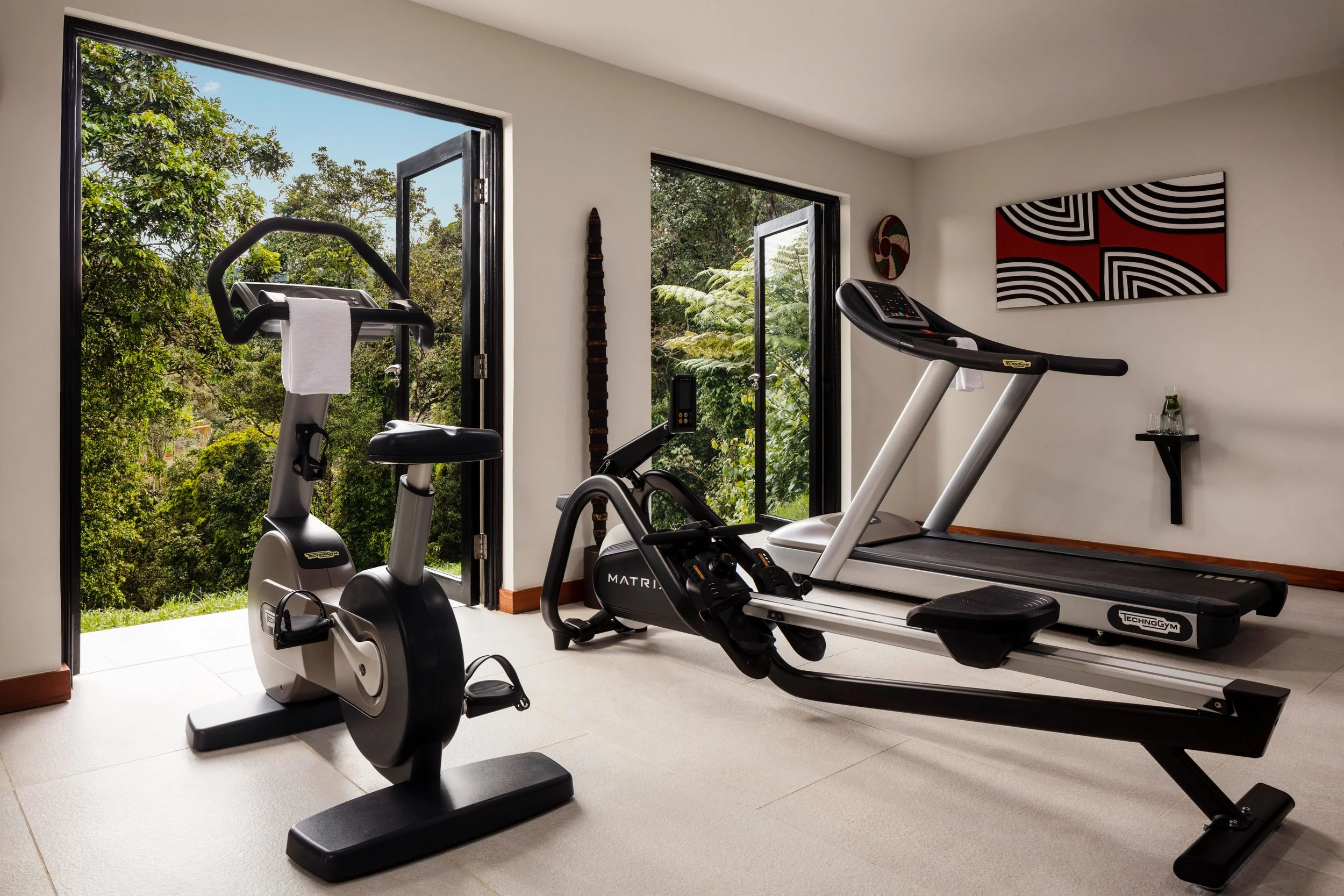 A home gym with a treadmill, exercise bike, and elliptical machine near open windows with trees outside.