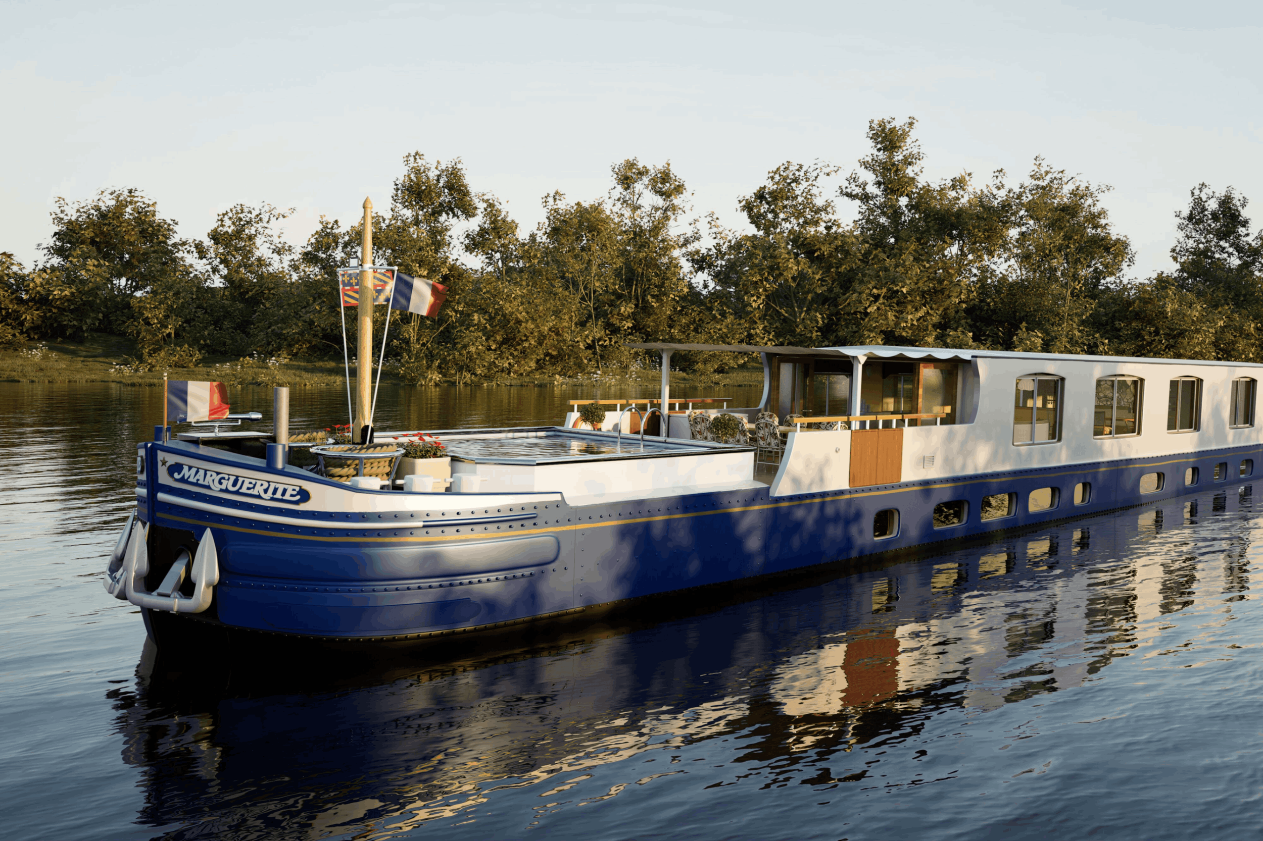 A white and blue boat named 'Marguerite' with French flags on a calm river, trees in the background, and soft evening lighting.