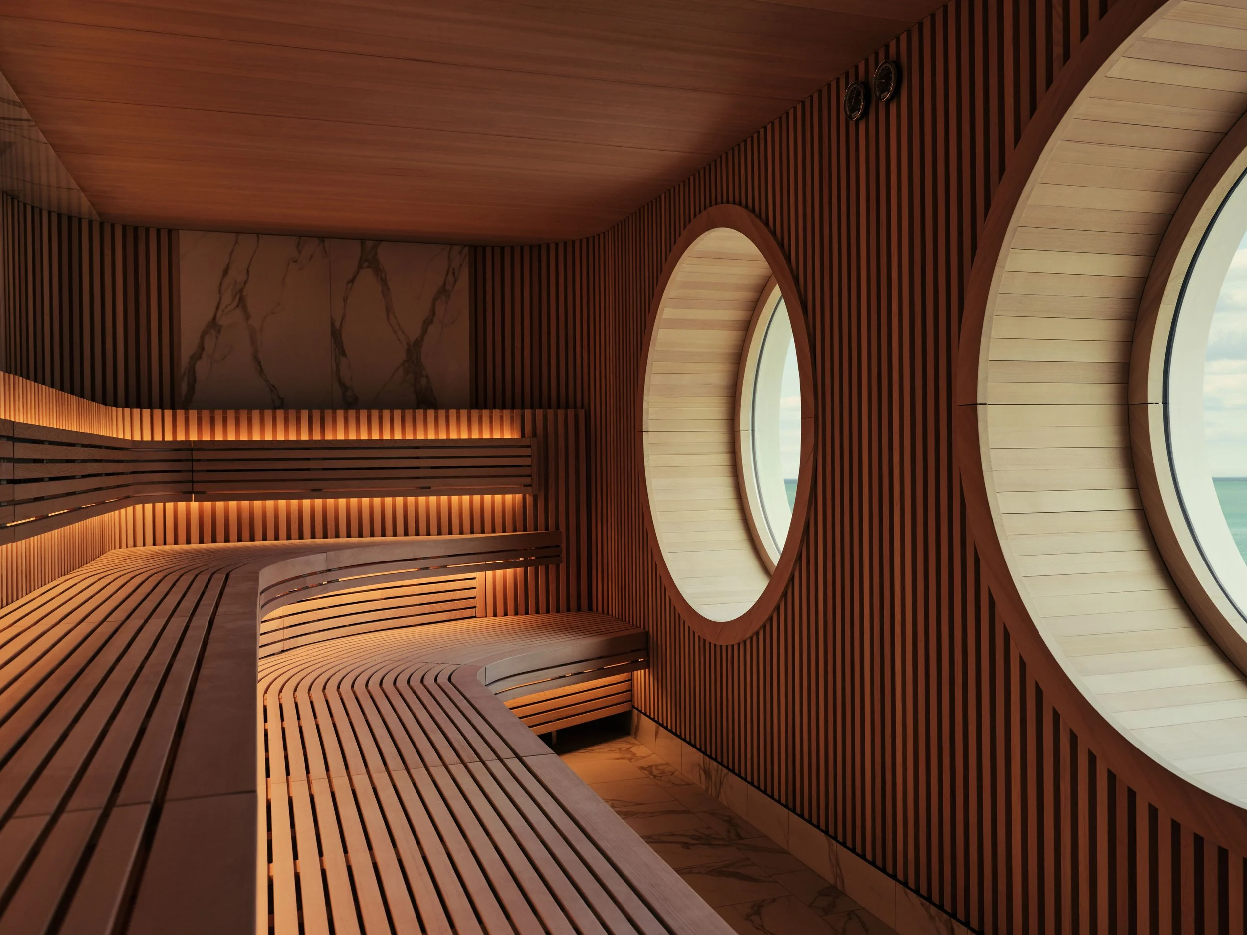 Interior of a modern wooden sauna with curved design, slatted benches, and a large circular window showing a cloudy sky.