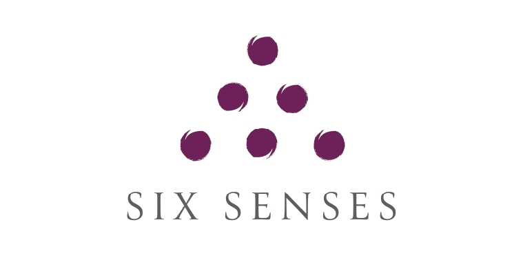 Black background with purple dots arranged in a triangle pattern above the words "SIX SENSES" in gray text.