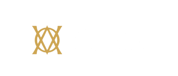 Logo of ATLAS Ocean Voyages with a golden ship wheel symbol and white text on a black background.