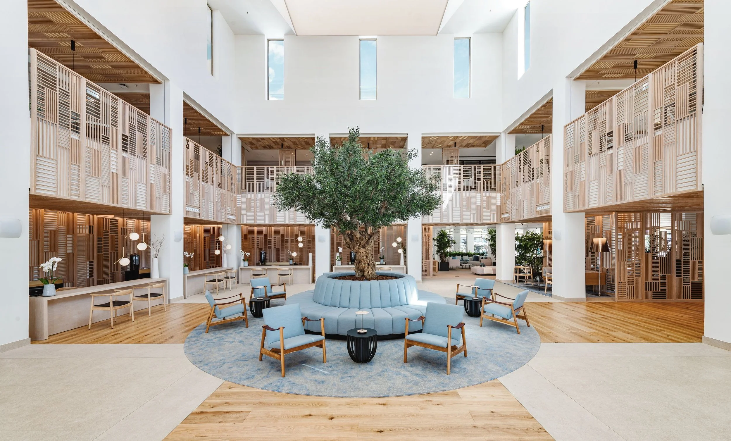 A spacious hotel lobby with a large central tree, light blue seating arrangements around a circular rug, and wooden accents on the walls and ceiling. Large windows let in natural light.