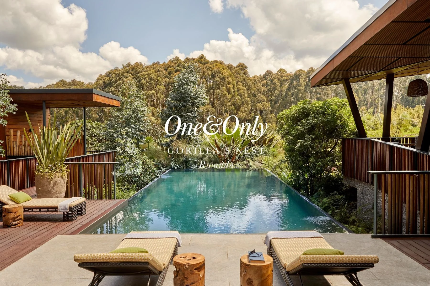 View of a swimming pool with lounge chairs and wooden side tables, overlooking lush green trees and a blue sky with clouds.