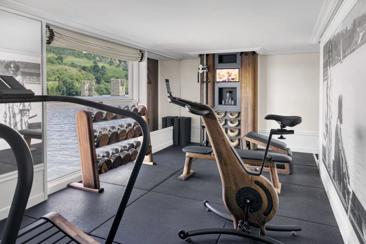 A home gym with a window overlooking a river and green hills, featuring exercise equipment such as a recumbent bike, treadmill, and a rack of dumbbells, with wall art depicting a vintage scene.