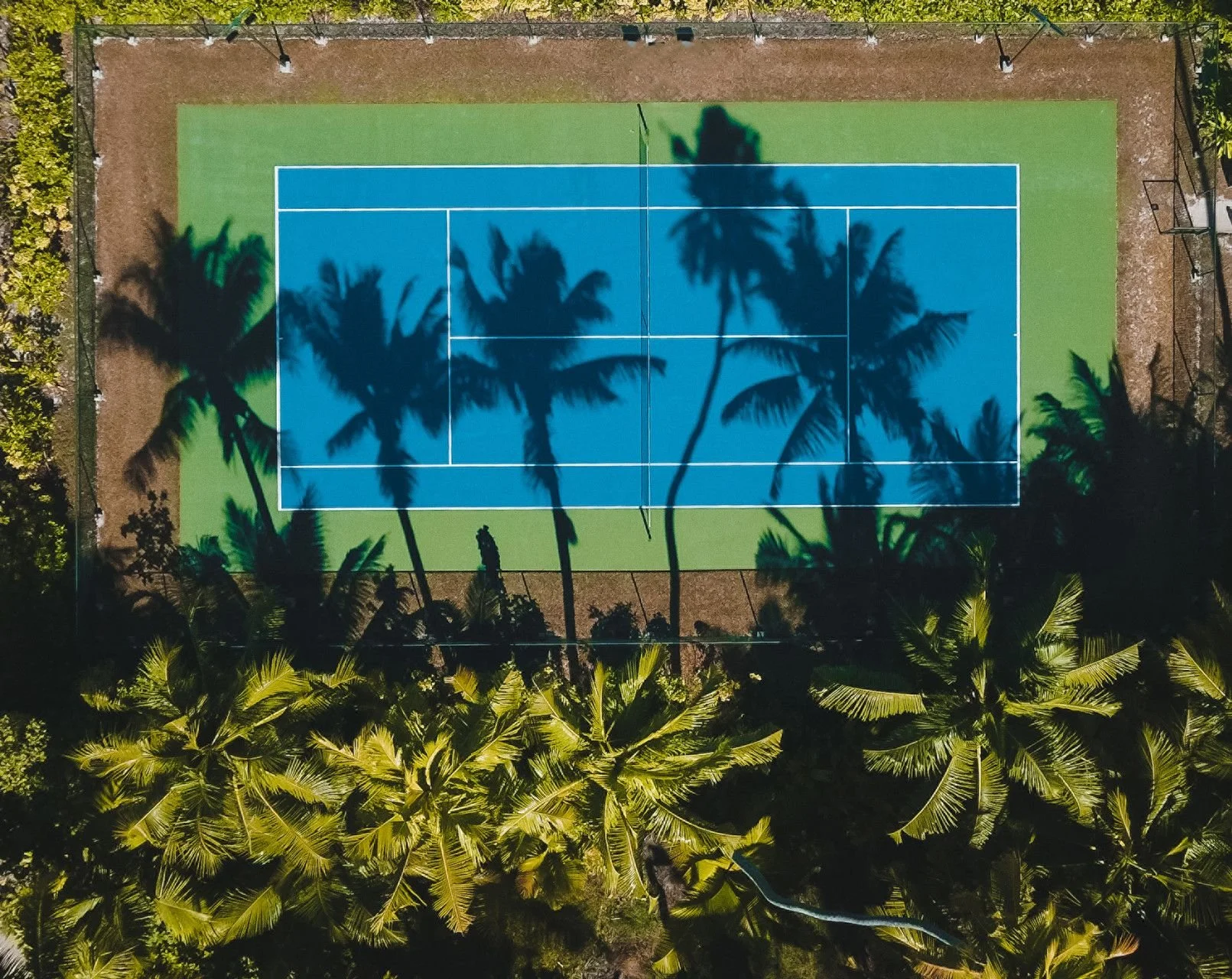 An aerial view of a tennis court with a blue playing surface surrounded by green. Shadows of palm trees are cast onto the court, and the court is bordered by a black fence. Trees border the area on all sides.