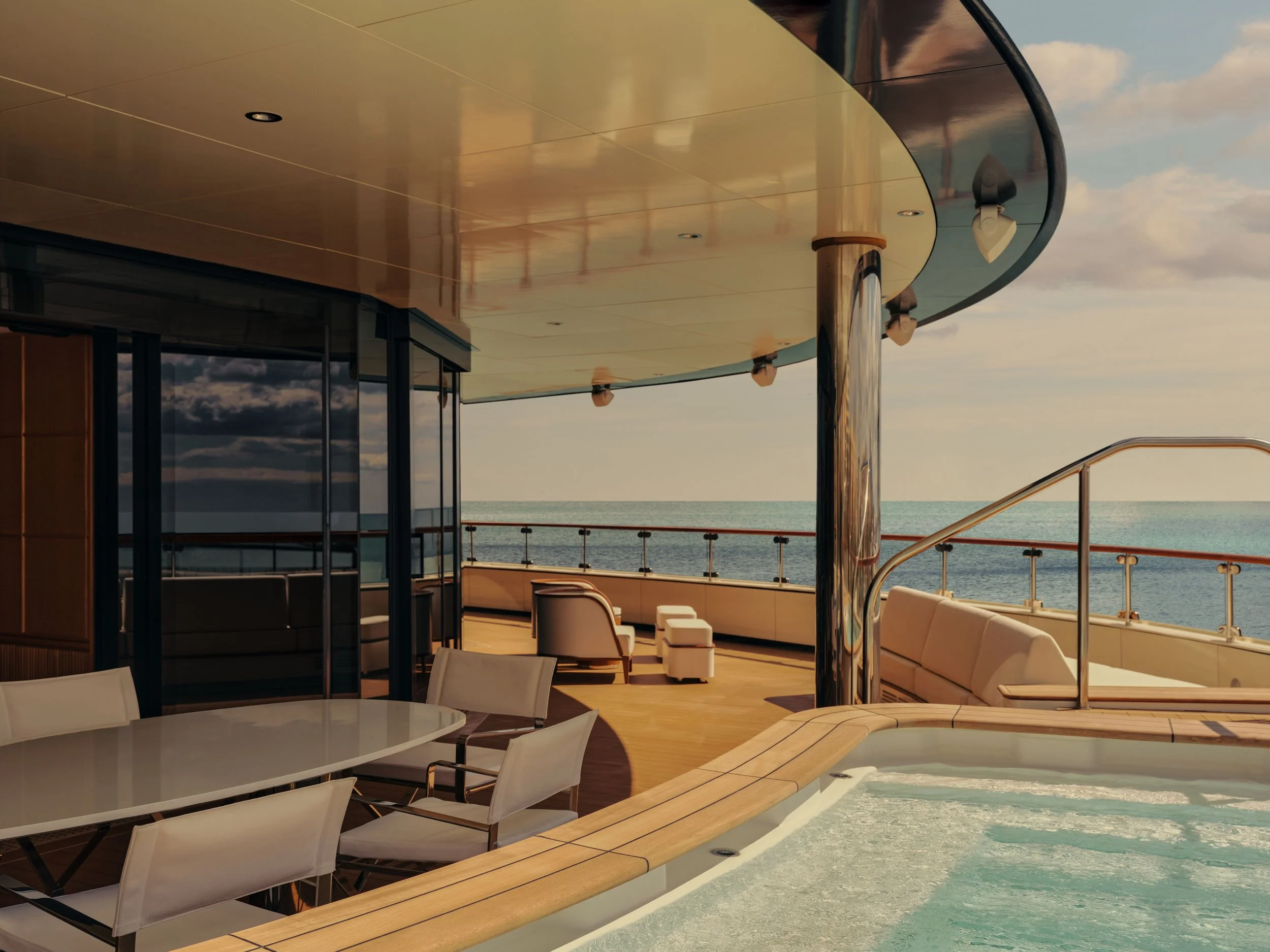 The image depicts the outdoor deck area of a cruise ship with a swimming pool, white lounge chairs, and a seating area with white tables and chairs. The upper level has a modern overhang with embedded lighting and glass doors leading inside. The ocean and sky are visible in the background.