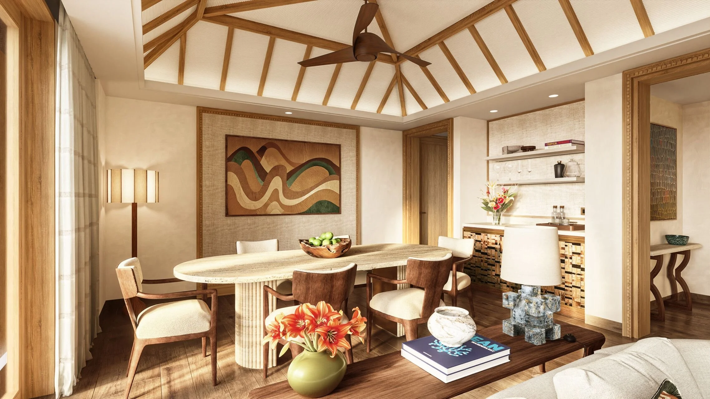 Interior of a living room with a wooden dining table and chairs, an abstract wall art, a fireplace with books and flowers, and a vaulted ceiling with wood beams and a ceiling fan.