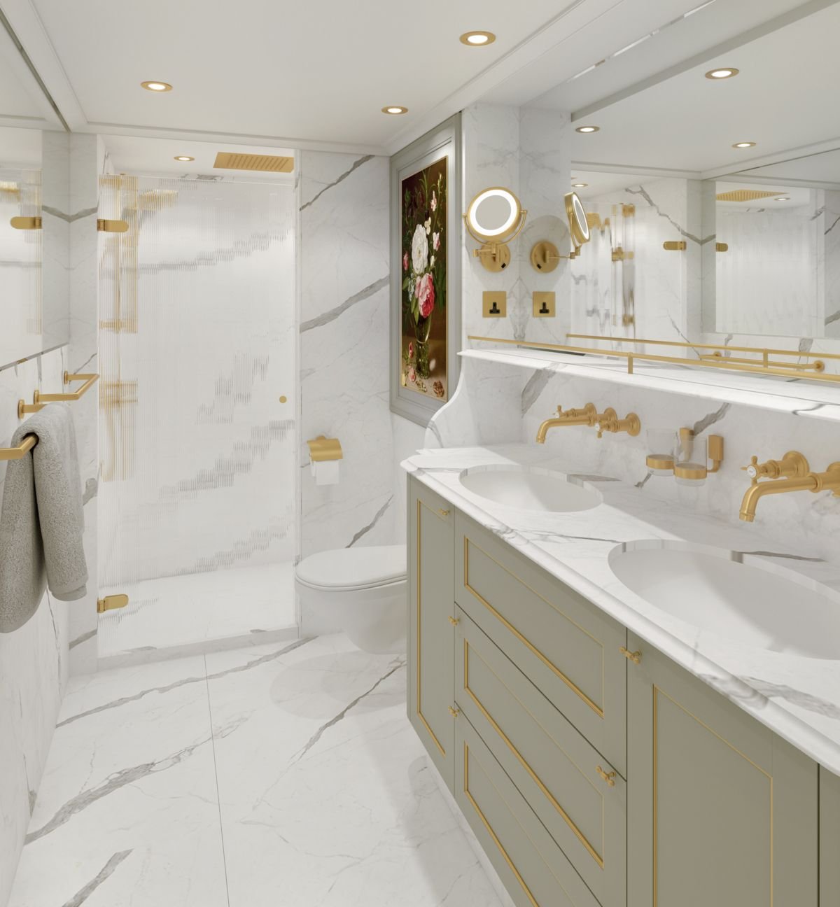 Luxury bathroom with marble walls and floor, gold fixtures, double sink vanity, circular mirror, framed floral artwork, and a frosted glass shower door.