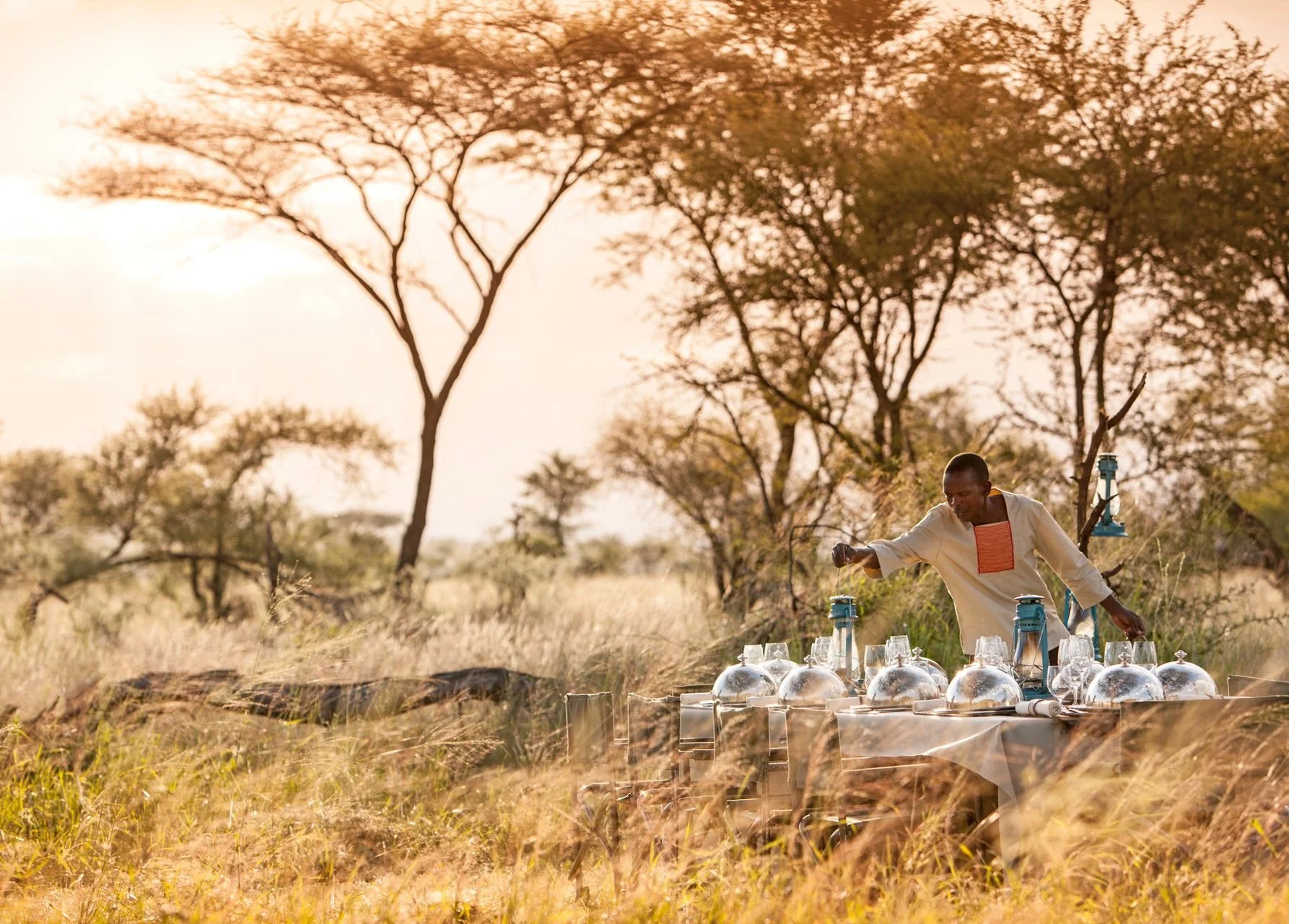A person in traditional attire setting up a table with glass domes and decorative items outdoors in a savannah landscape with trees and tall grasses during sunset.