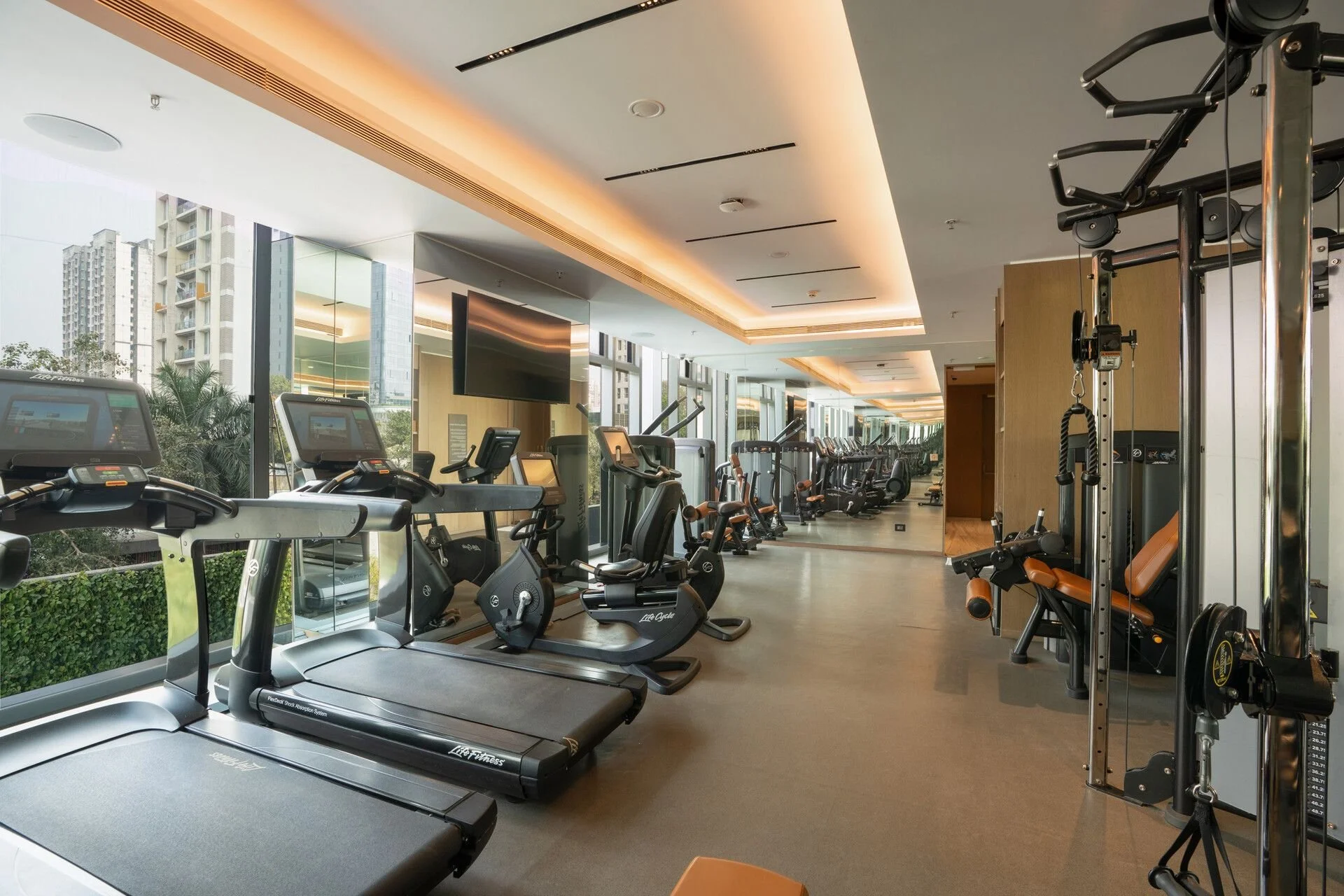 Modern gym with treadmills and exercise equipment positioned next to large windows, allowing natural light to illuminate the space.