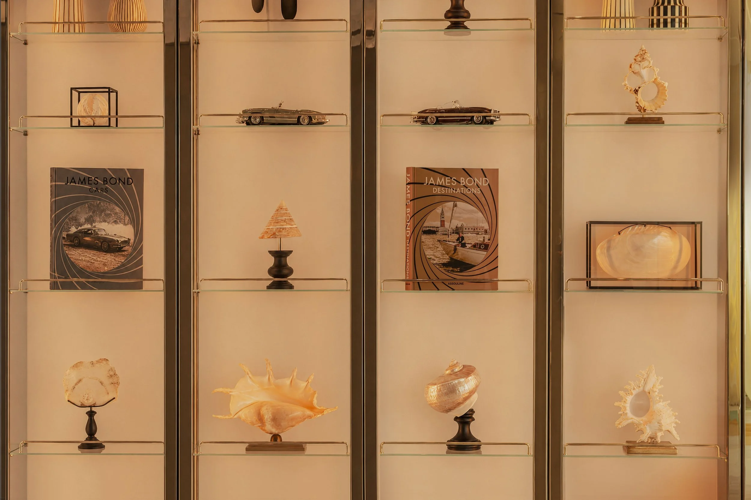 Display case with model cars, books about James Bond, decorative shells, and sculptures.