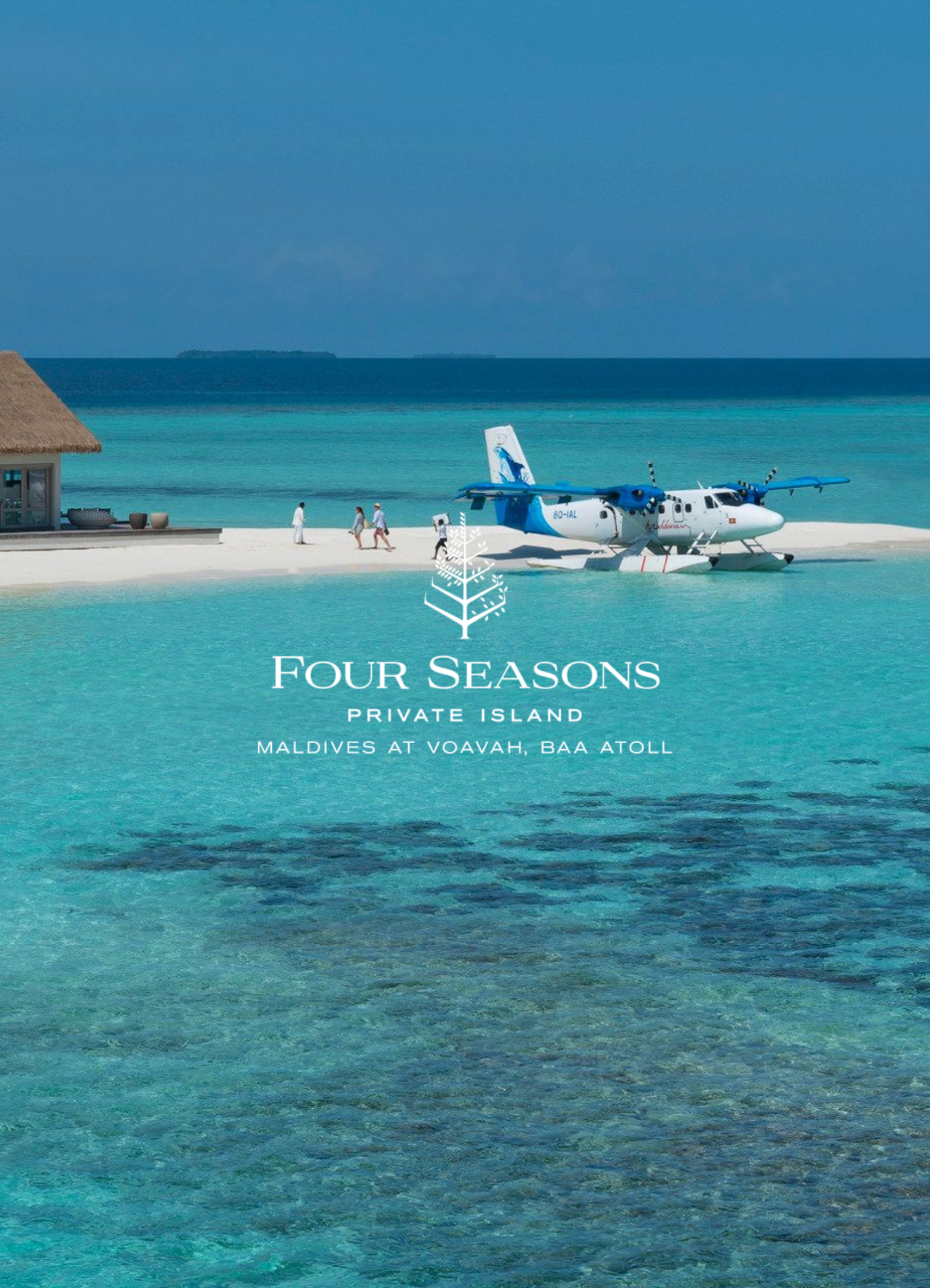 A seaplane on a white sandy beach with clear turquoise and blue water, with people walking along the beach and a thatched-roof structure nearby. The background shows the ocean and a distant island.