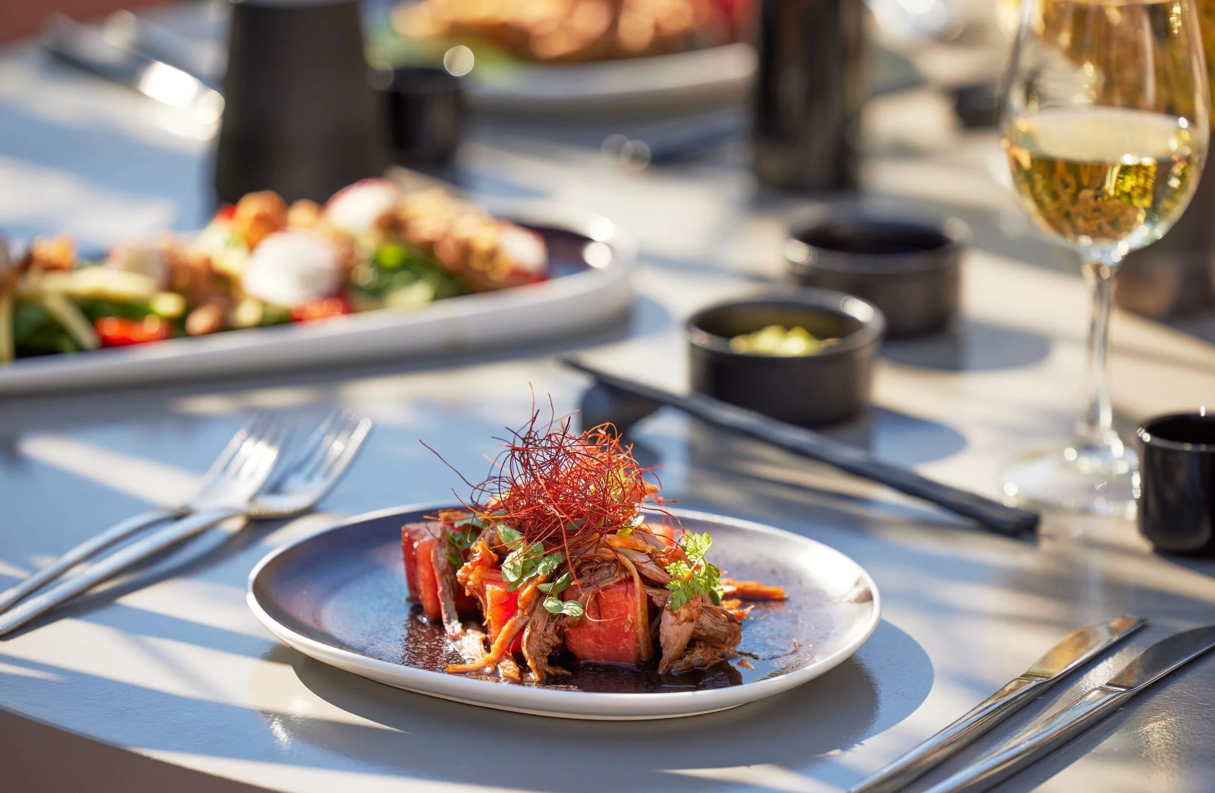A plate of food with sliced meat, garnish, and herbs on an outdoor table. In the background, there is a glass of white wine, small black dishes, and other plates of food, all on a white tablecloth.
