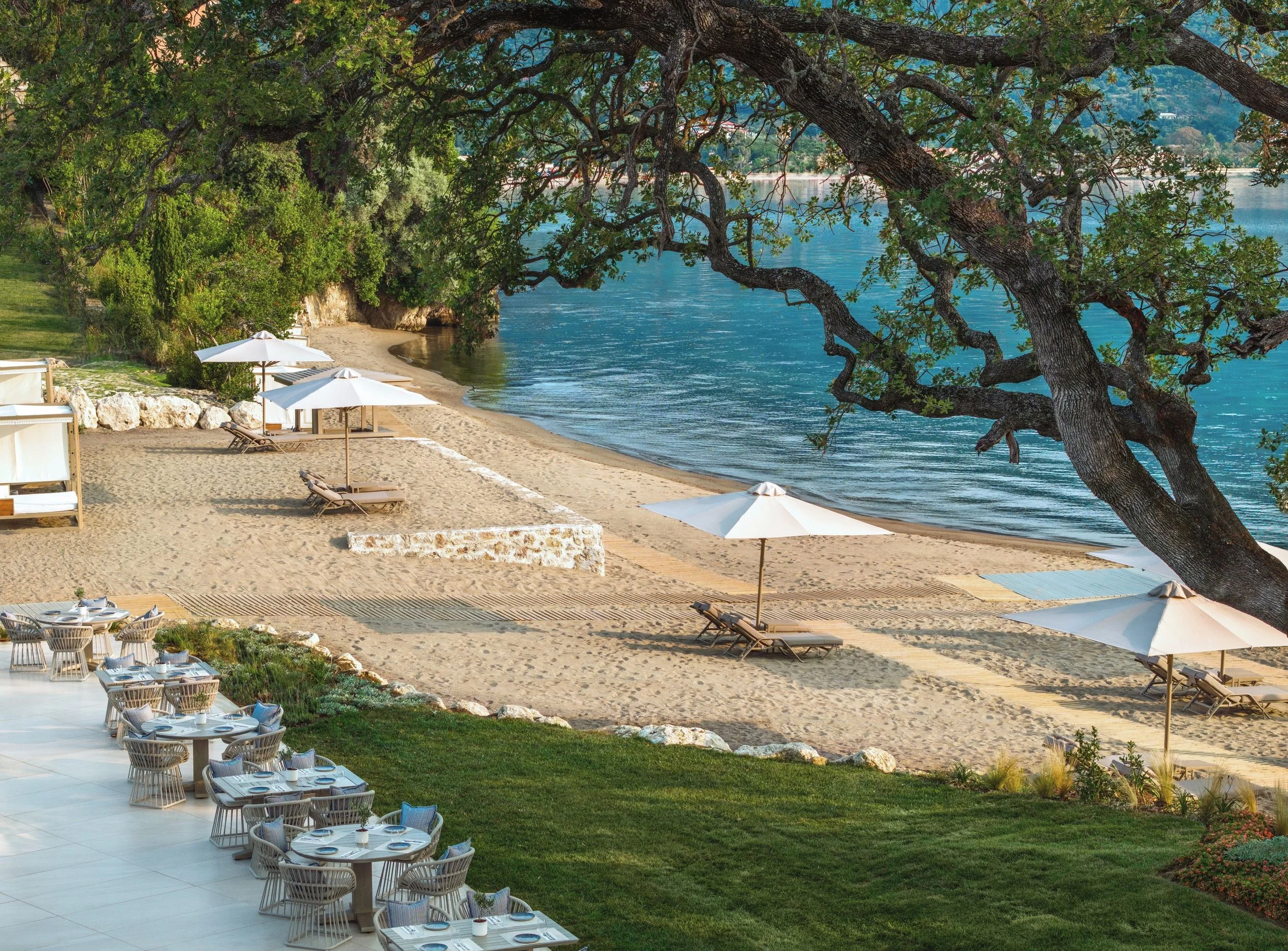 A beachside restaurant with tables and chairs on a patio, white umbrellas, sandy beach, large tree with sprawling branches, and calm water in the background.