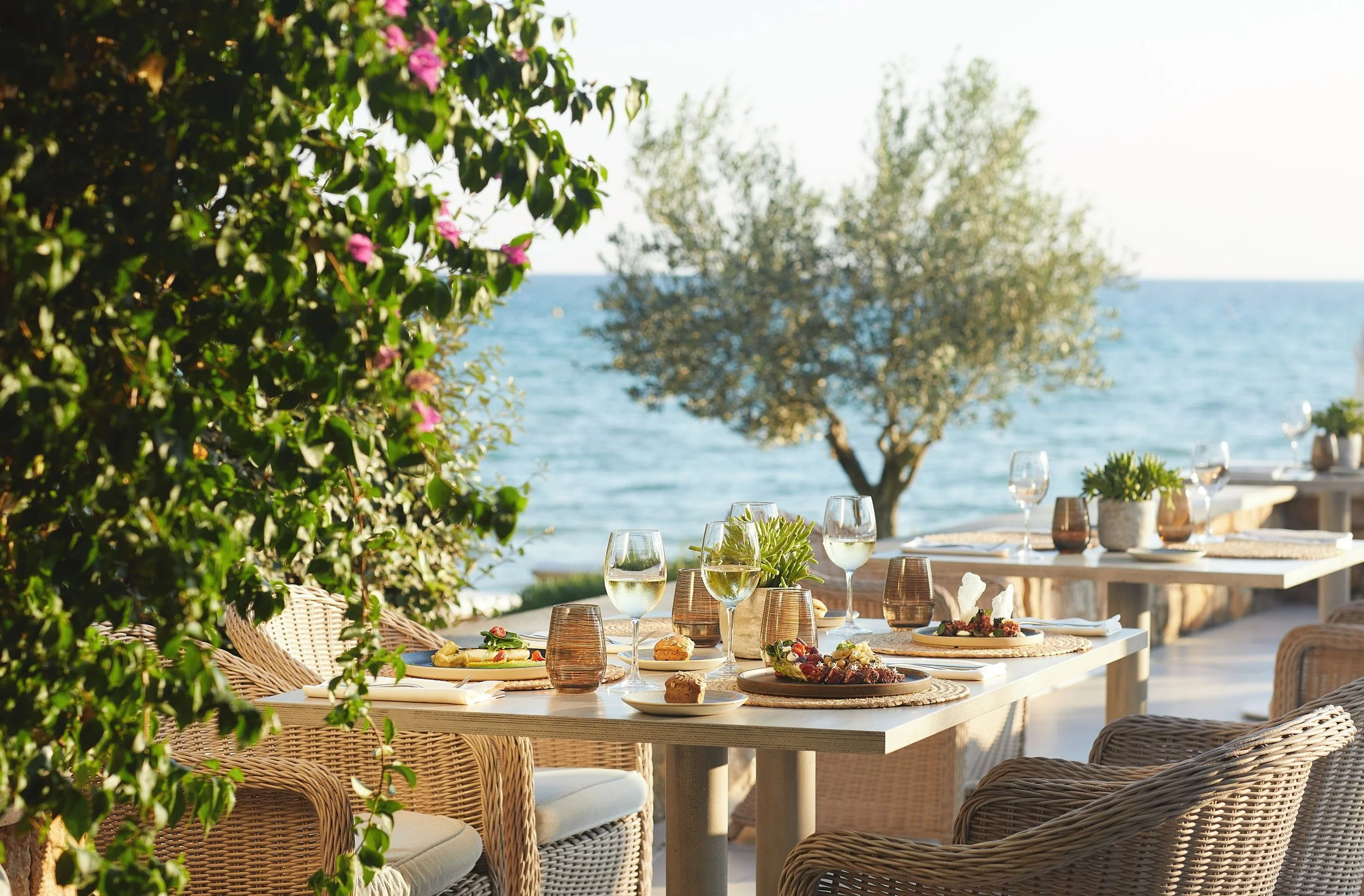 Outdoor dining table set with wine glasses, plates with food, and small potted plants, overlooking water with trees in the background.