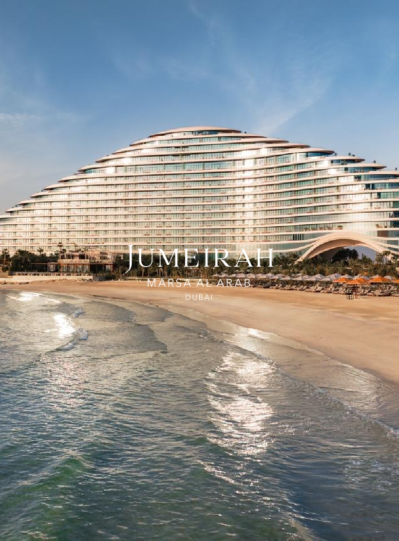 A modern, multi-story hotel building on the beach in Dubai with a tiered, curved design and glass facade, titled 'Jumeirah Marsa Al Arab, Dubai'