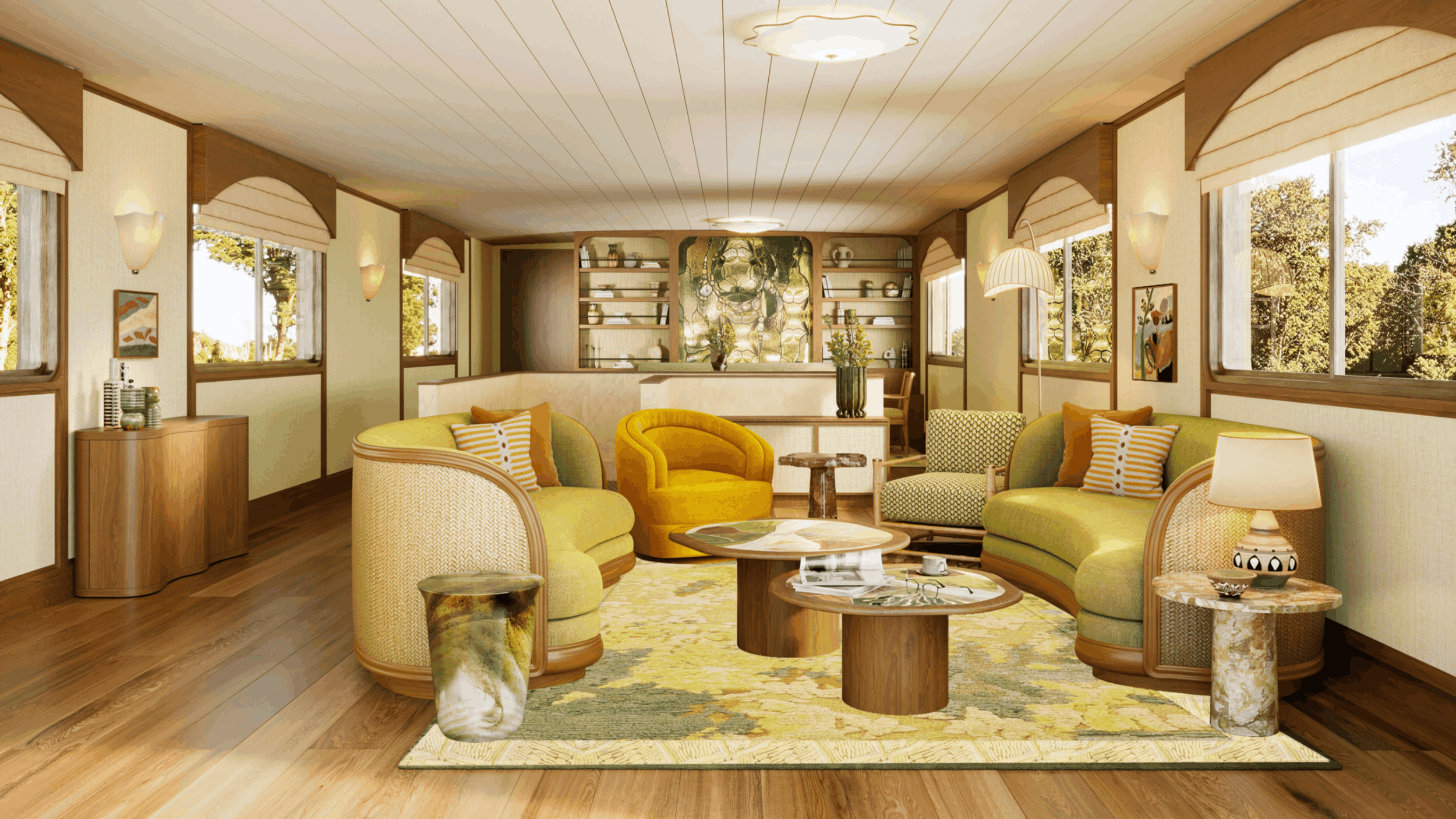 Living room with yellow and green furniture, wooden tables, artwork, window with view of trees, and decorative lighting.