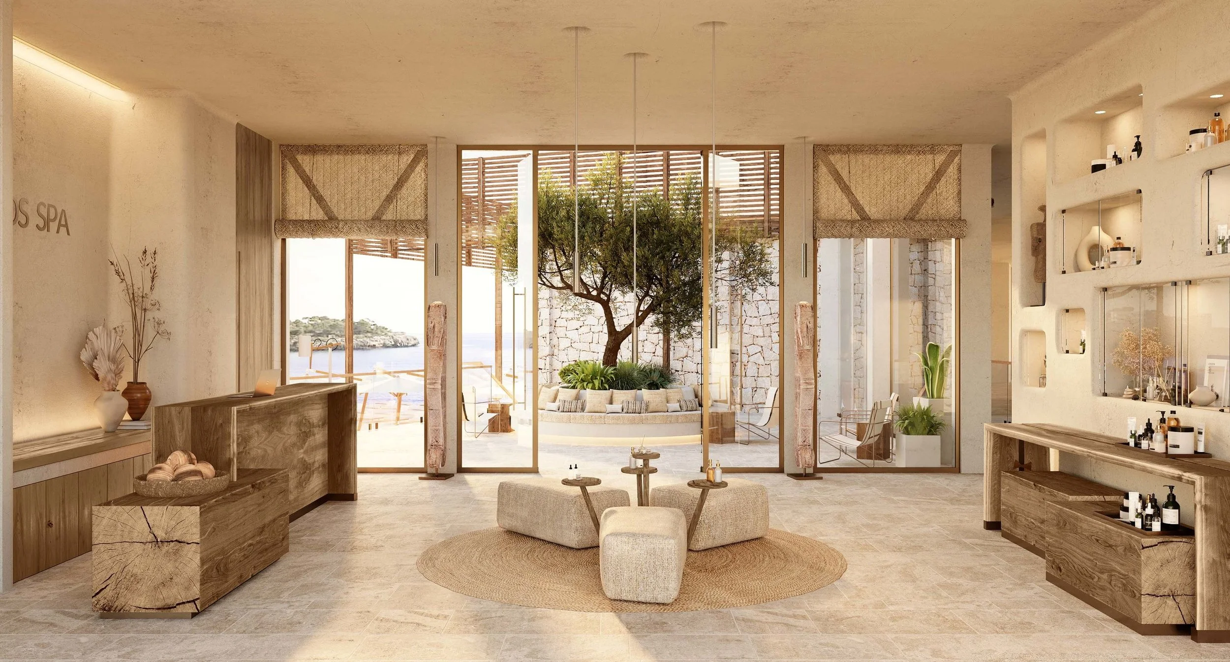 Interior of a spa lounge with large glass doors opening to an outdoor area with a tree and ocean view, featuring modern decor, comfortable seating, plants, and shelves with spa products.