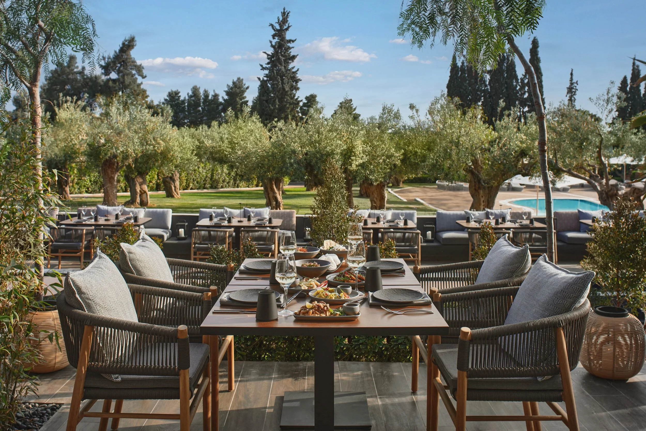 An outdoor restaurant patio with tables, chairs, and food, surrounded by trees under a partly cloudy sky.