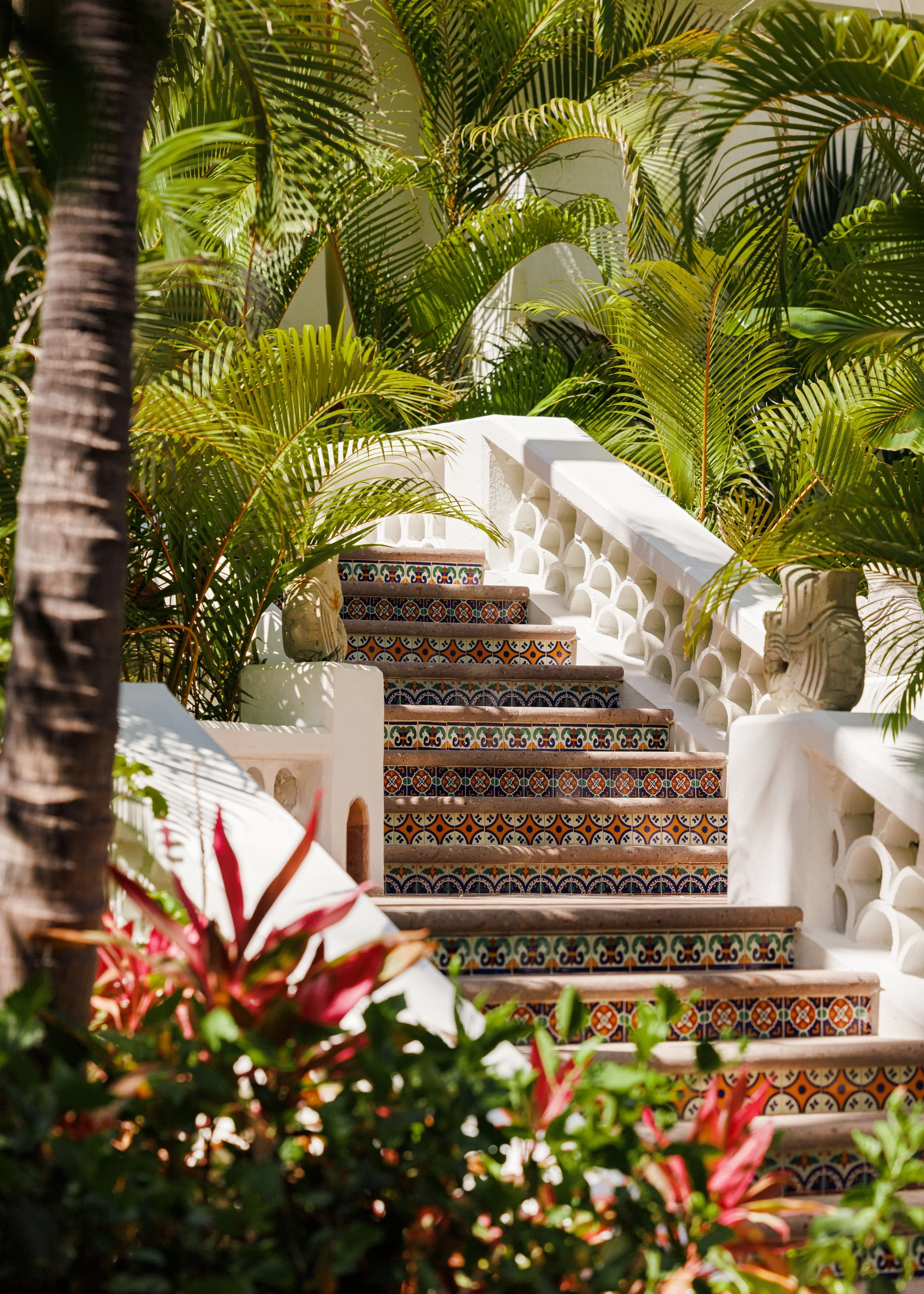 A staircase with colorful Mexican tiles on the risers, surrounded by lush green tropical plants, including palm and red-leafed plants, with sunlight filtering through the leaves.