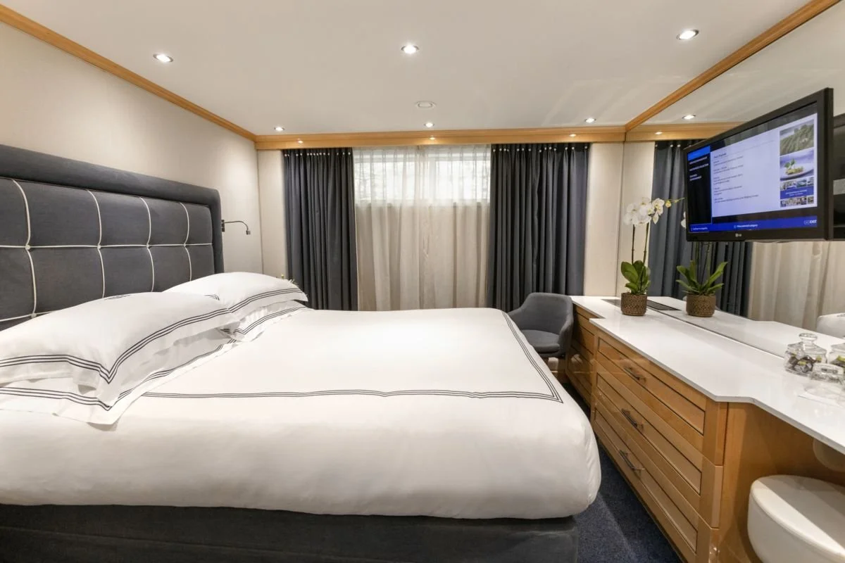 Modern hotel bedroom with large bed, gray headboard, white linens, wooden dresser with potted plants, wall-mounted TV, gray curtains, and ceiling lights.