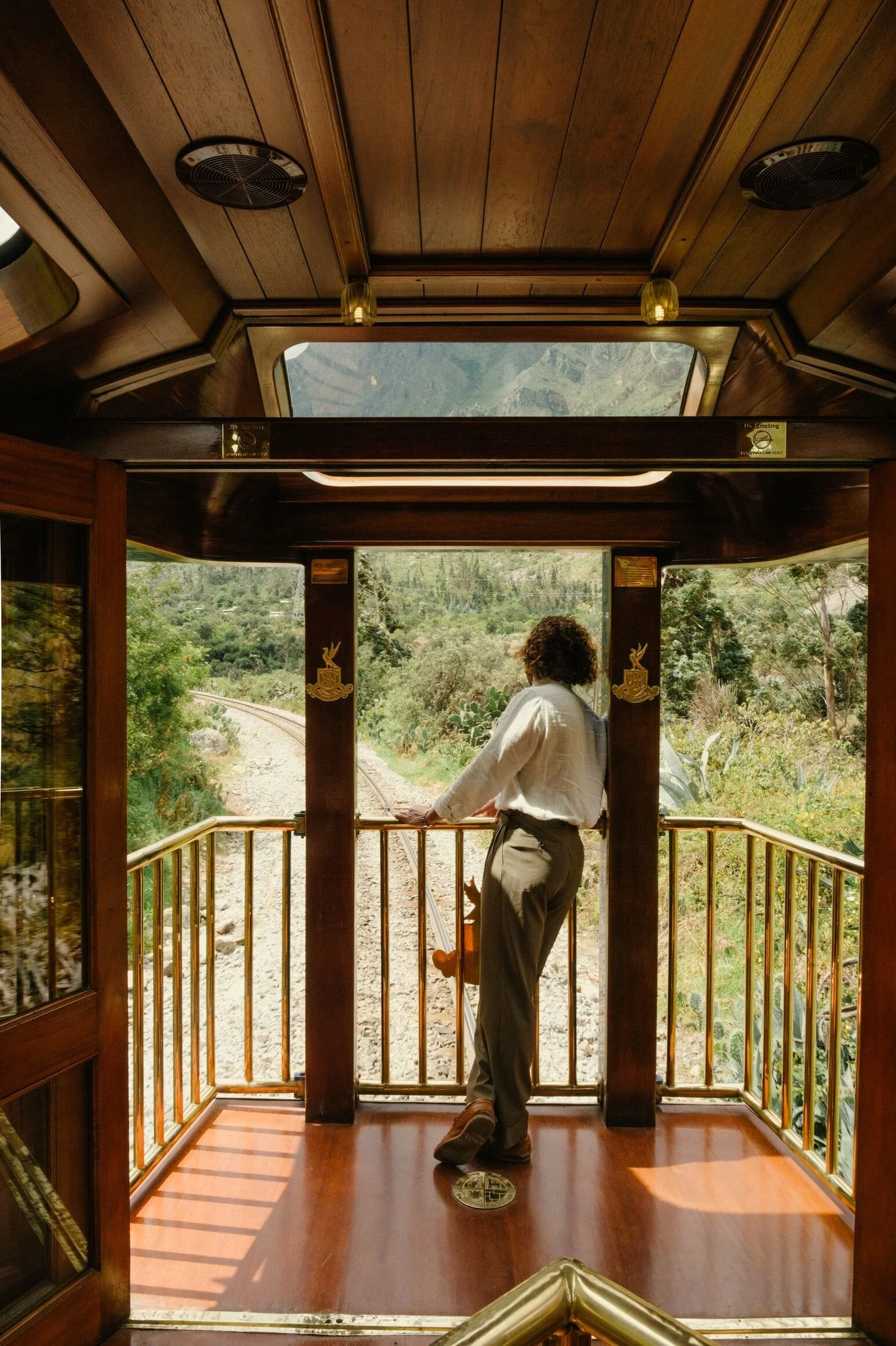 A person with curly hair stands on the porch of a historic train car, looking out at the woods and mountains in the distance.