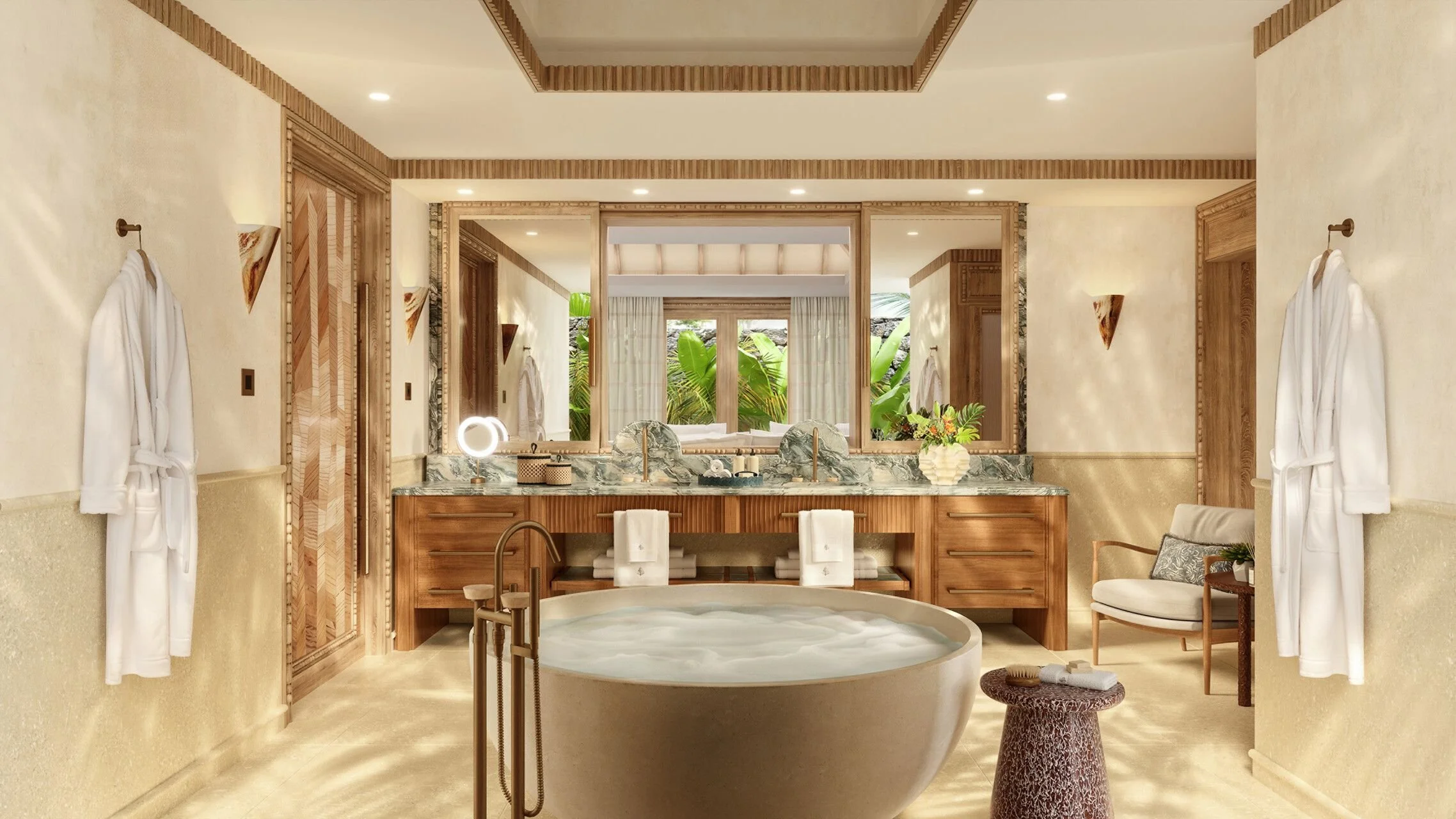 A luxurious bathroom with a freestanding bathtub, a double sink marble vanity, large mirror, tropical plant outside, white robes hanging on the wall, and elegant decor.