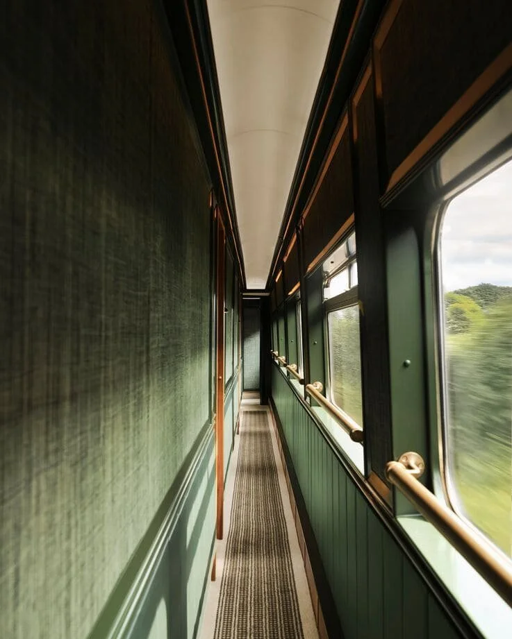 A narrow train corridor with green walls, wooden handrails, and large windows showing greenery outside, with a visible train door at the end.
