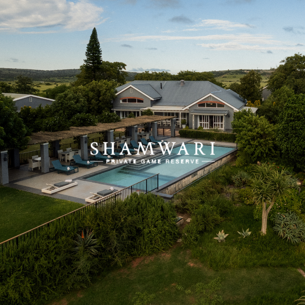 A large house with a blue roof surrounded by lush greenery, a swimming pool area with lounge chairs, and fenced yard at Sheri Private Game Reserve.