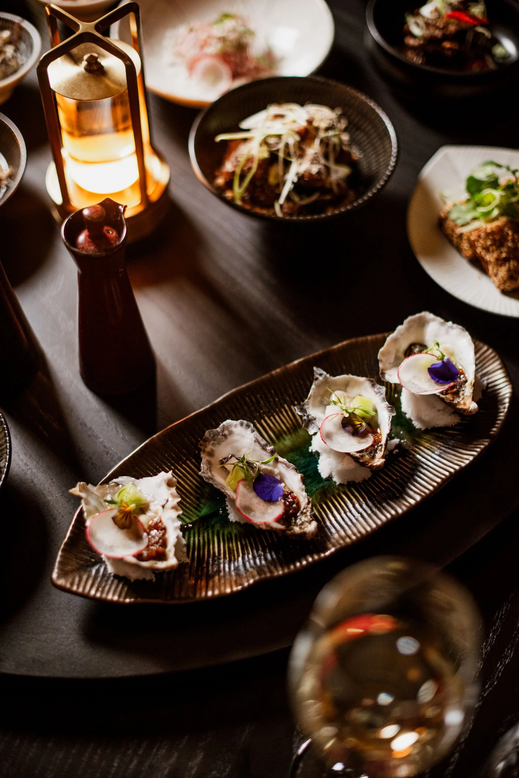 A stylish dining table set with various dishes, including oysters topped with garnishes, grilled items, and bowls of food, along with a lit candle in a holder, on a dark wooden table with ambient lighting.