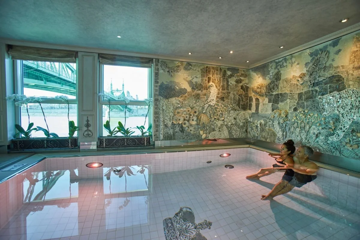 Indoor spa with two women sitting on the edge of a hot tub, a wall mural of a leopard, and windows showing a bridge and river outside.