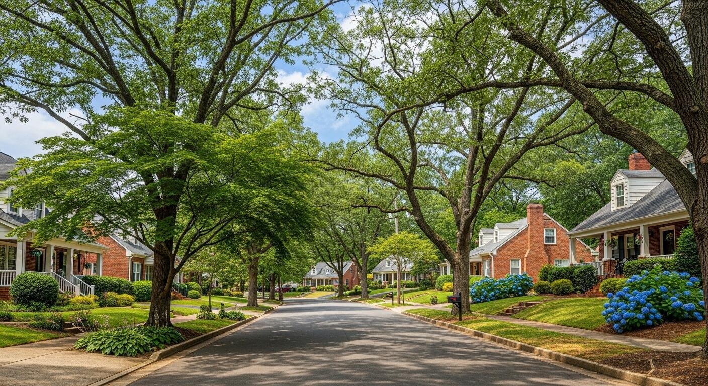 Quiet residential street lined with lush green trees, and traditional brick and white houses with well-maintained lawns and flowers.