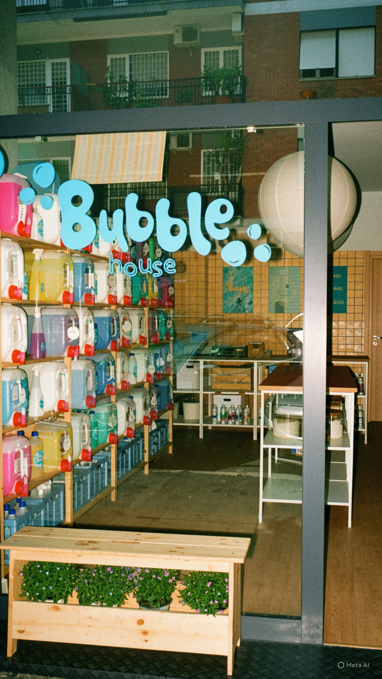 Vetro di un negozio chiamato Bubble House, con scaffali di prodotti per la pulizia, piante sul fronte e una porta con decorazioni di carta di albero, finestra e portafoglio.