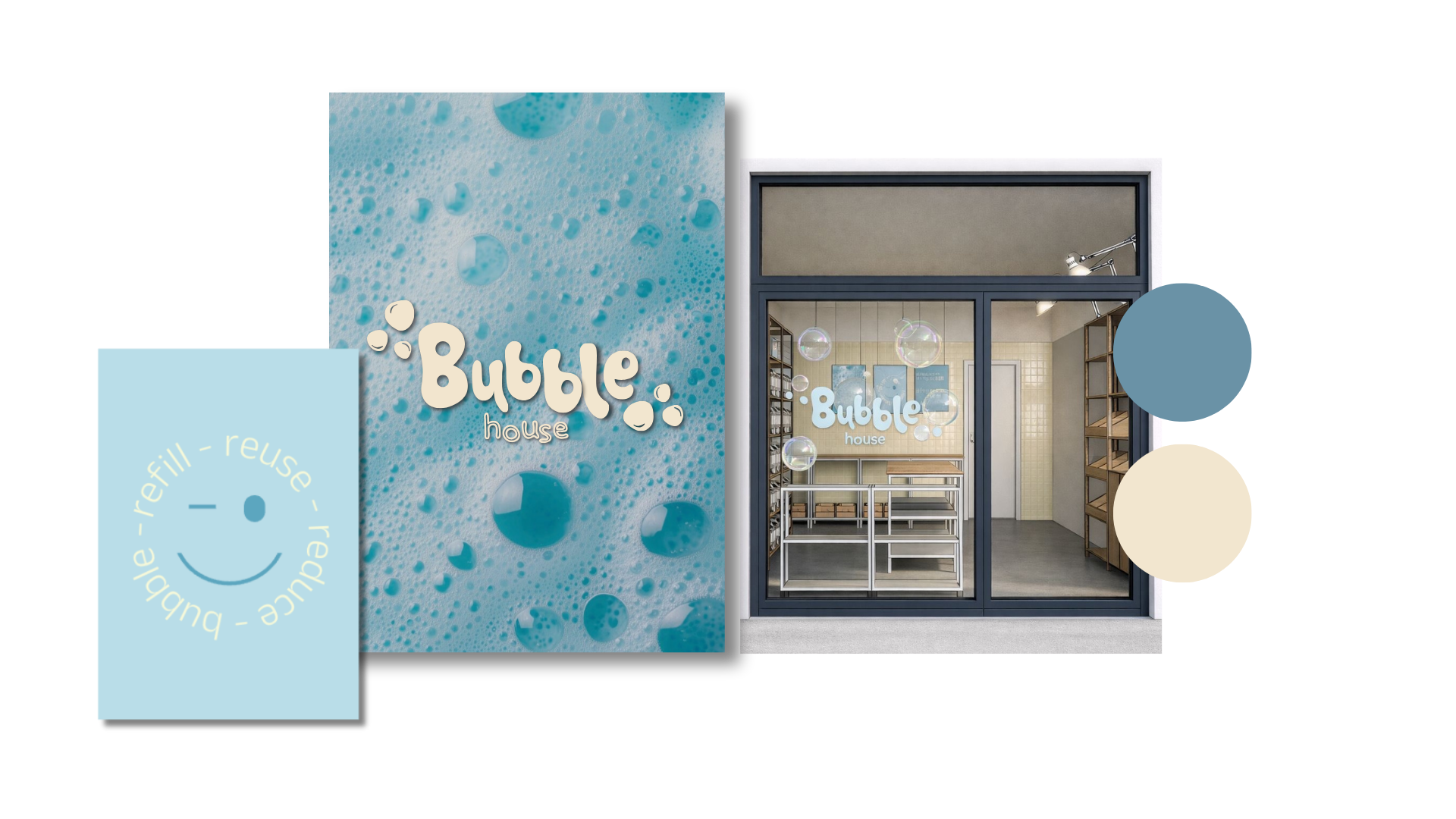 L'ingresso di un negozio con insegna 'Bubble house' e vetrina con sfere di vetro sospese, interno con scaffali, tavolo e sedie, decorato con immagini di bolle di sapone.